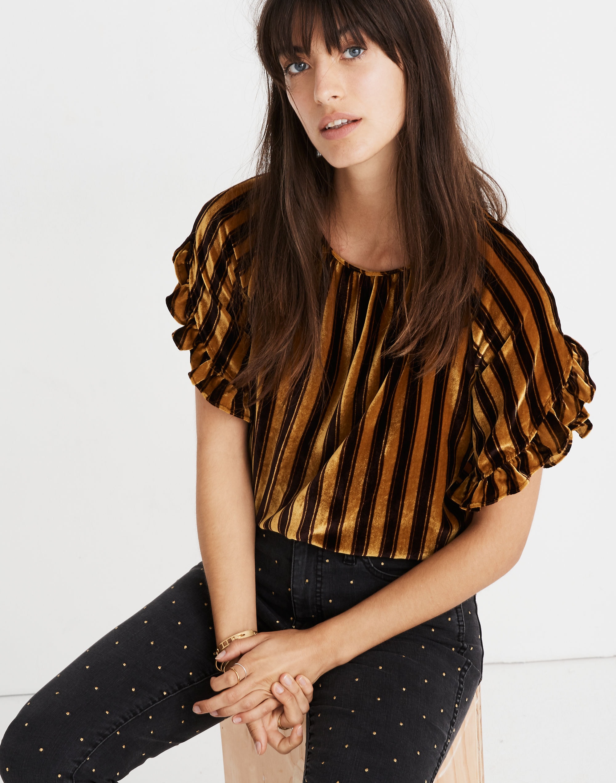 Velvet Memento Ruffle-Sleeve Top in Stripe | Madewell