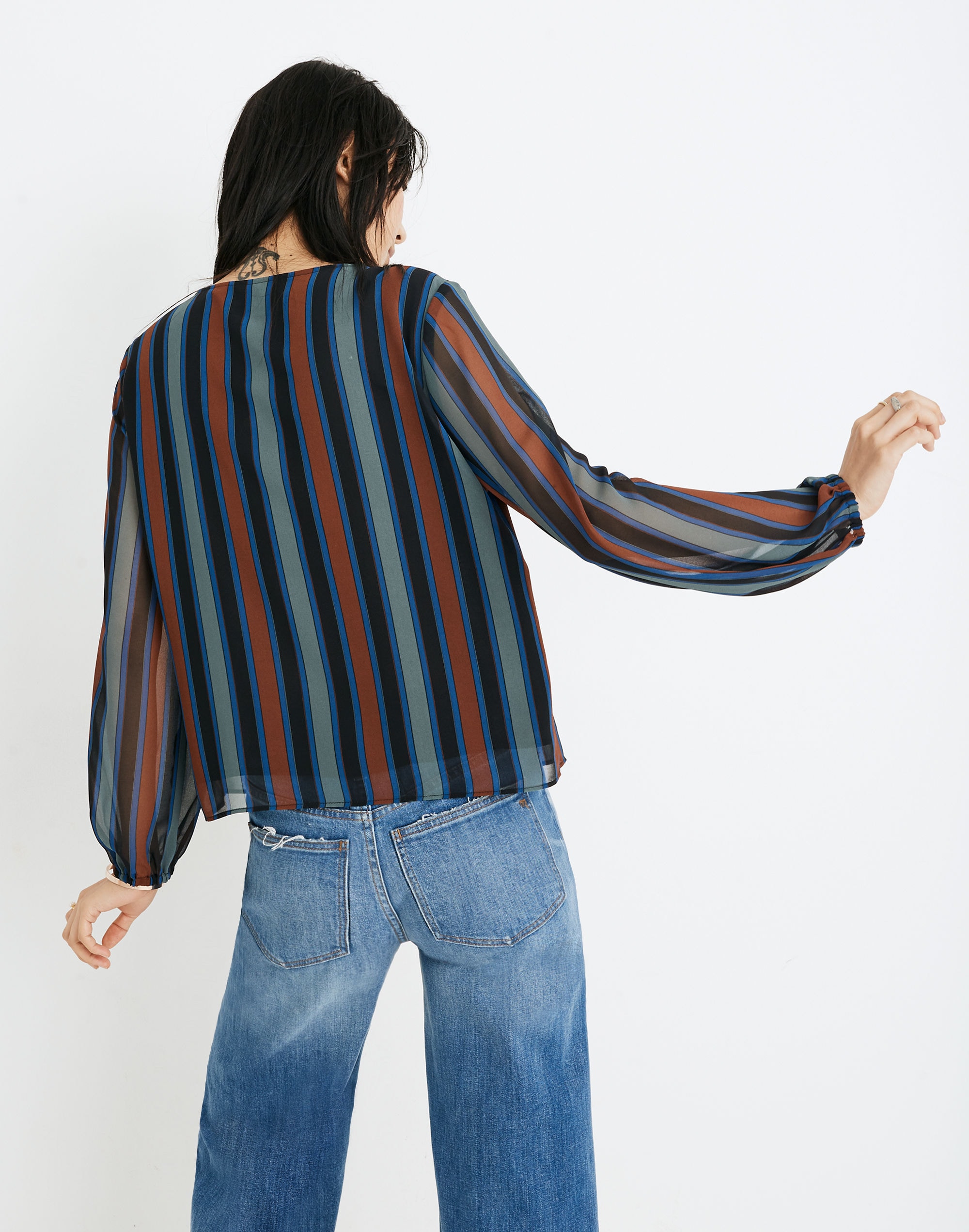 Sheer-Sleeve Top in Academy Stripe