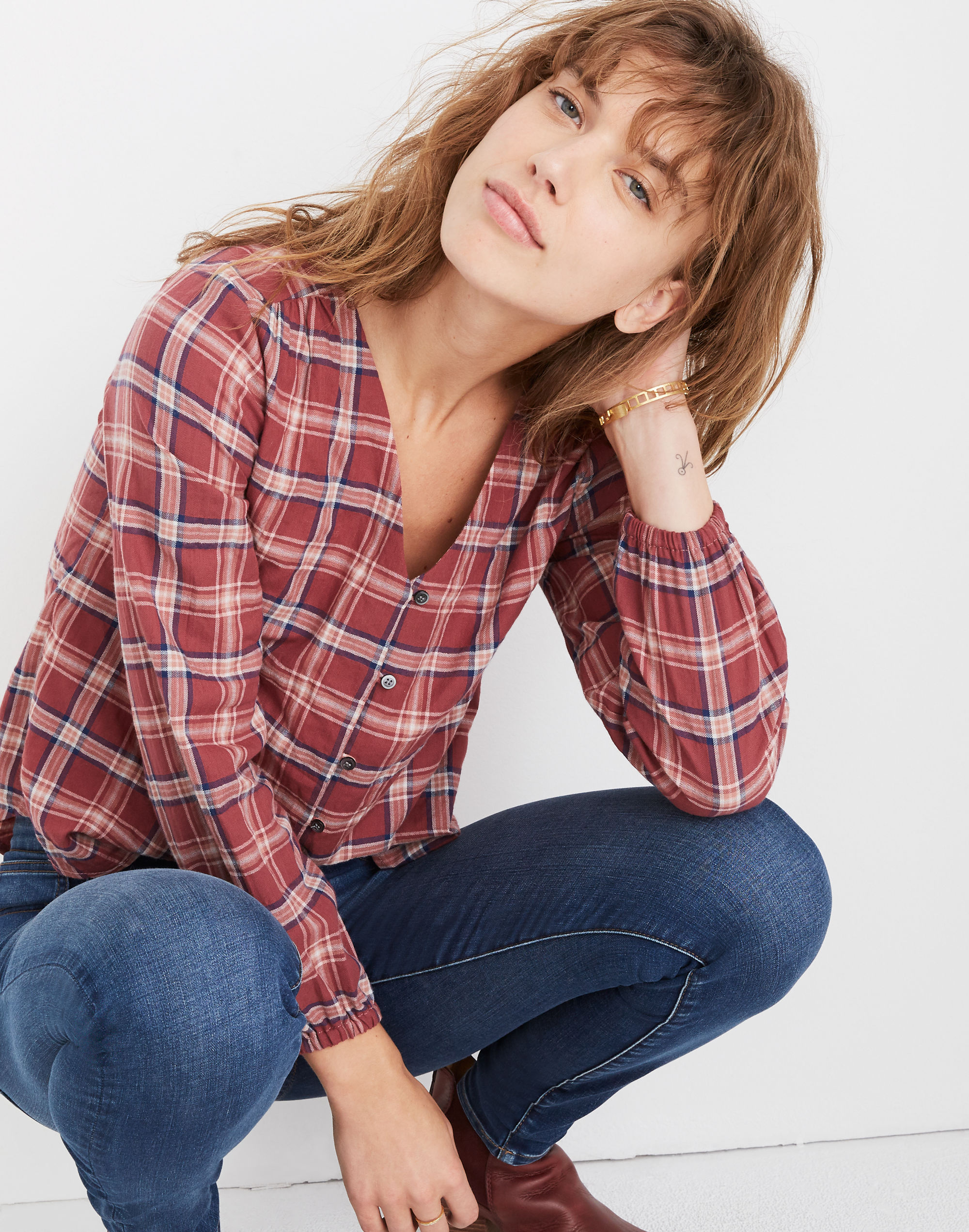 V-Neck Button-Down Shirt in Stratfield Plaid | Madewell