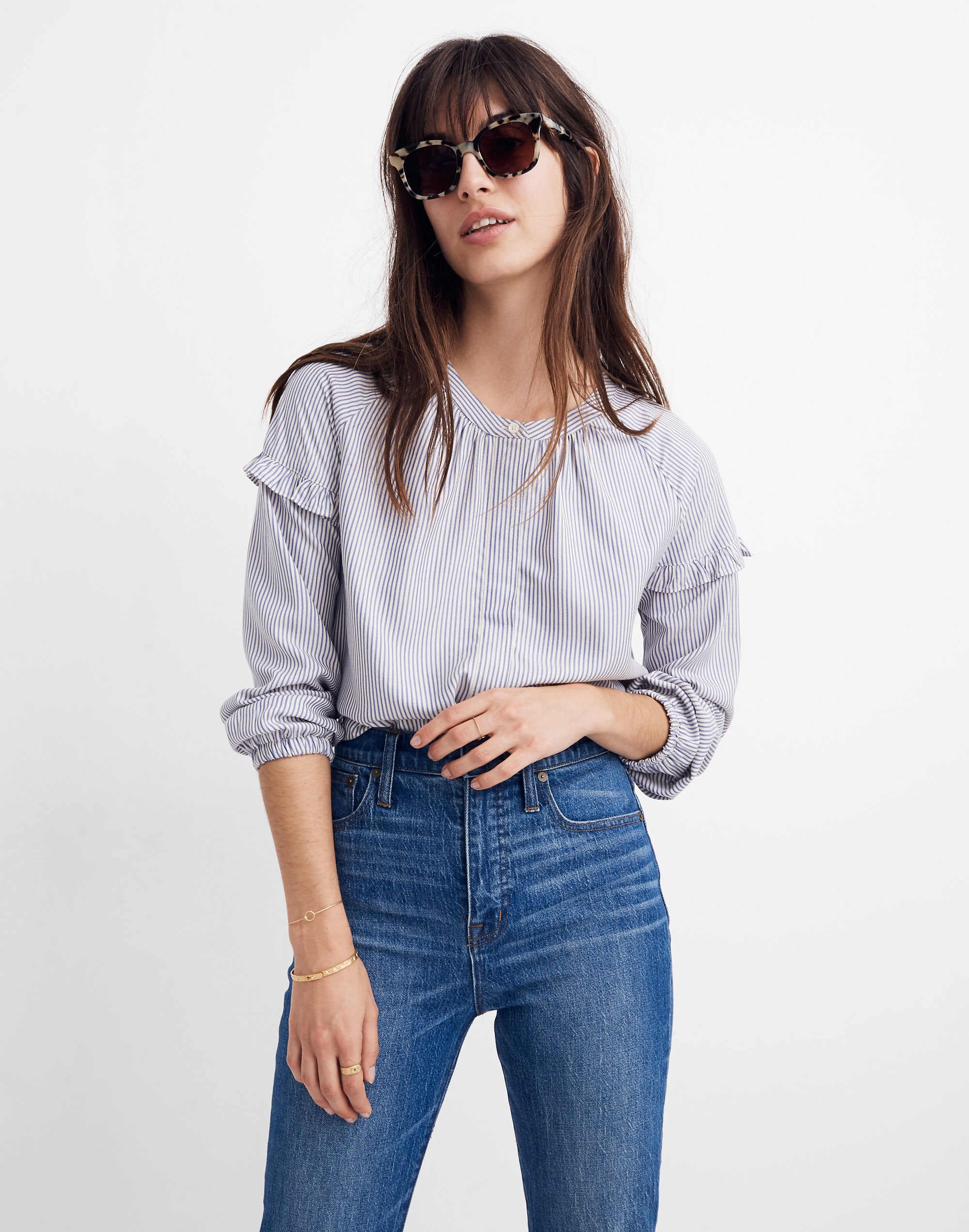 Mw Collarless Ruffle-sleeve Shirt In Warwick Stripe Vintage Linen