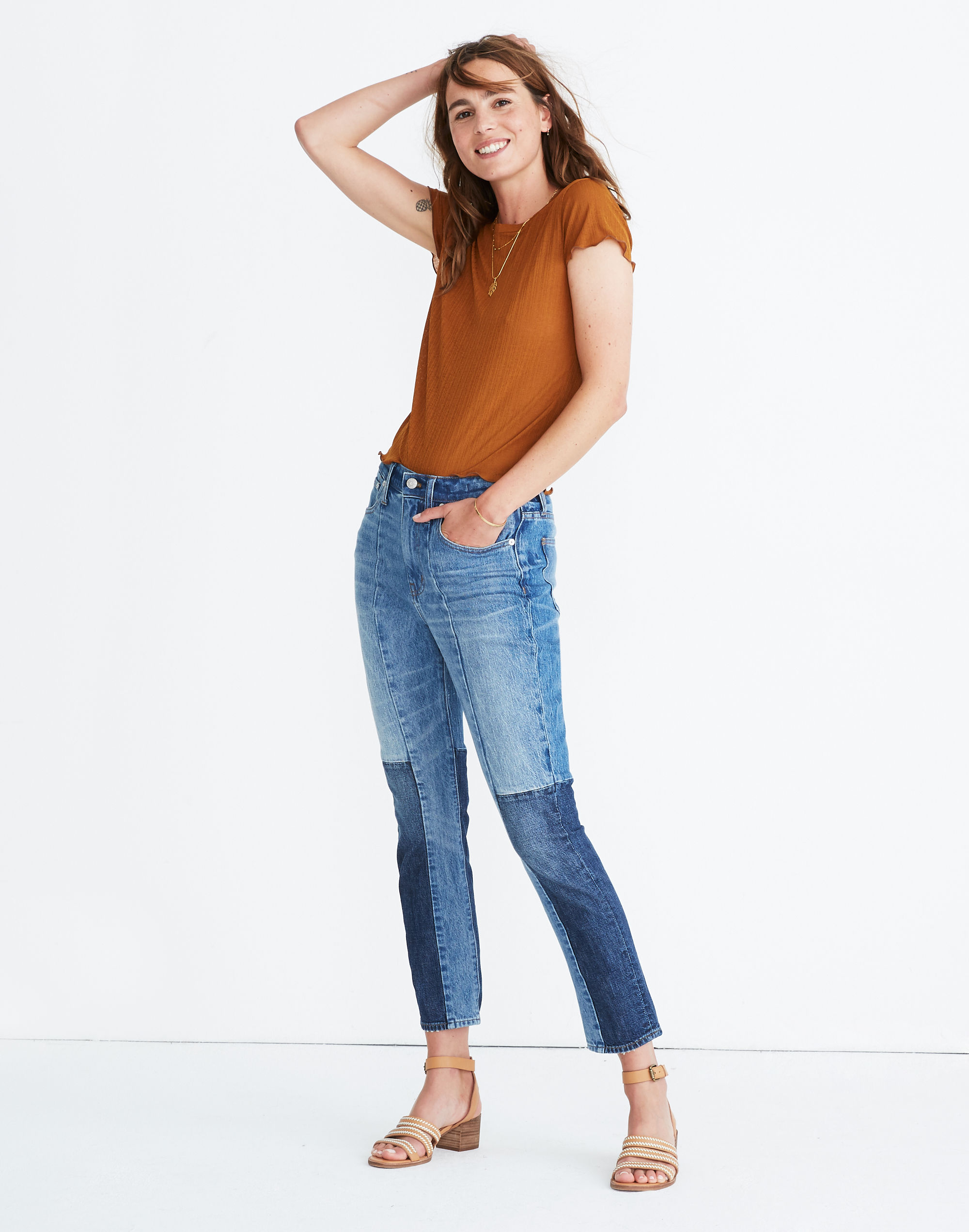 The High-Rise Slim Boyjean in Jenkins Wash: Patchwork Edition