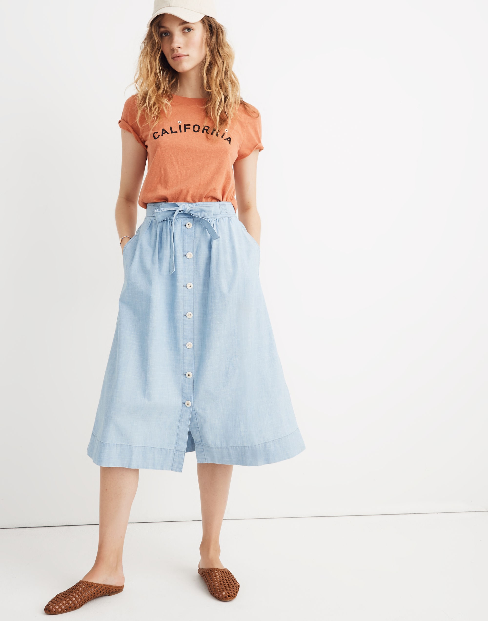 Tie Palisade Button-Front Midi Skirt Chambray | Madewell