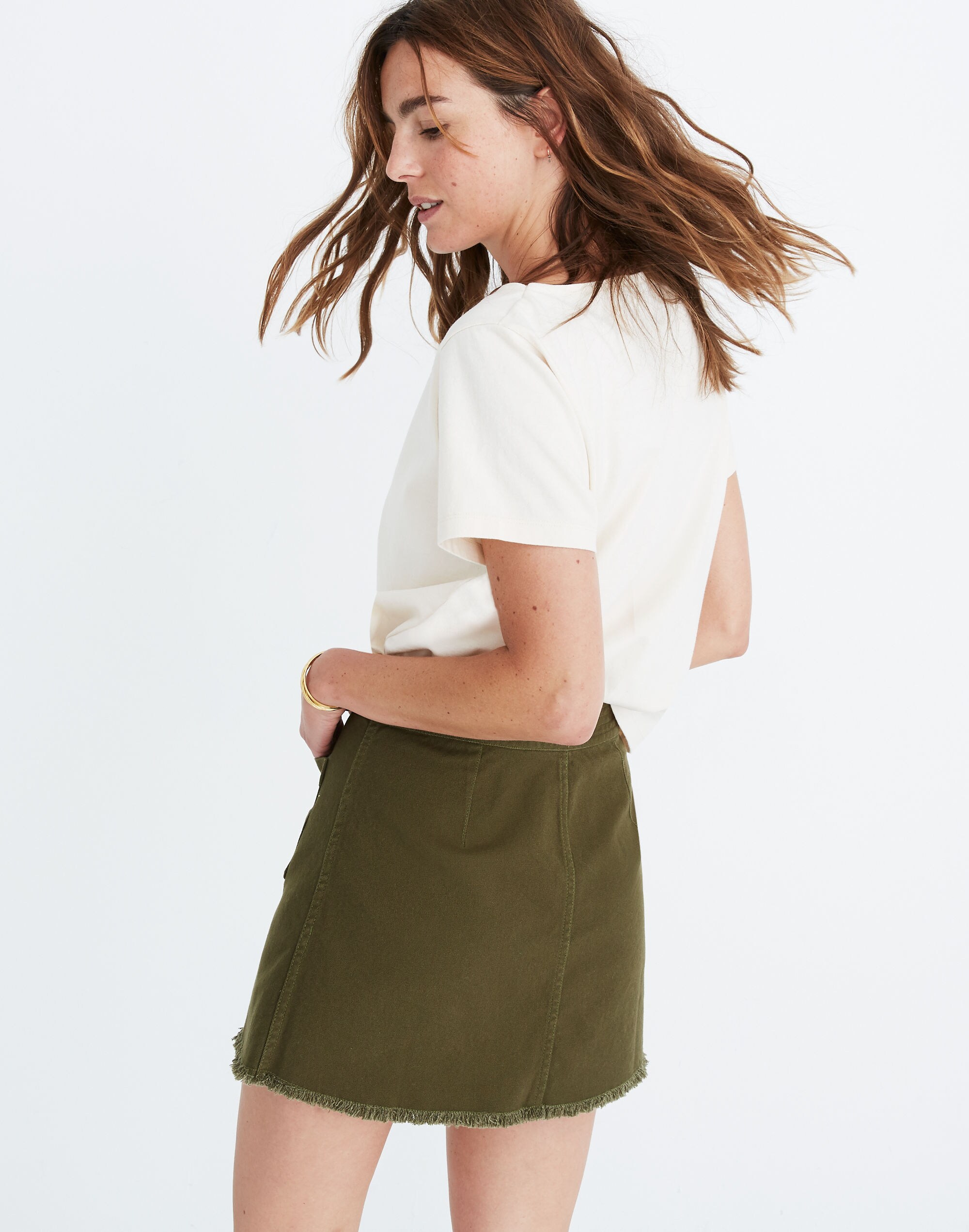 Raw-Hem A-Line Mini Skirt in Kale