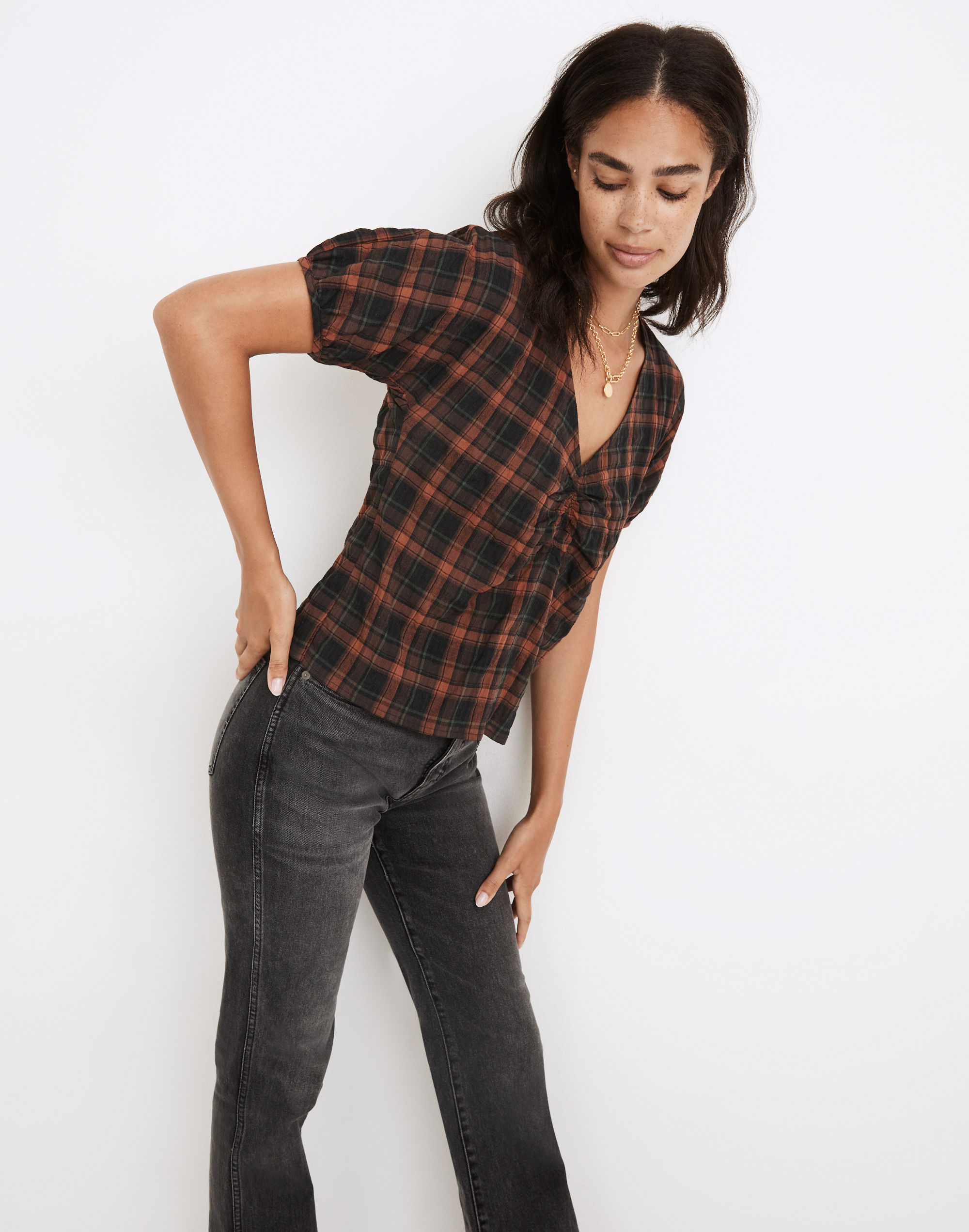 Gathered V-Neck Top Plaid | Madewell