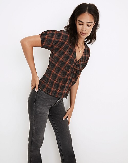 Gathered V-Neck Top in Plaid
