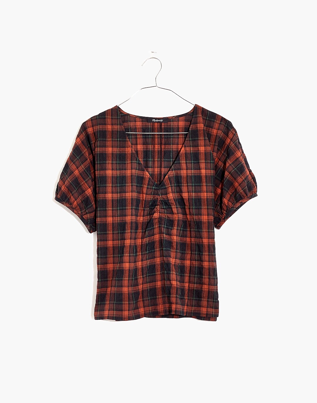 Gathered V-Neck Top in Plaid