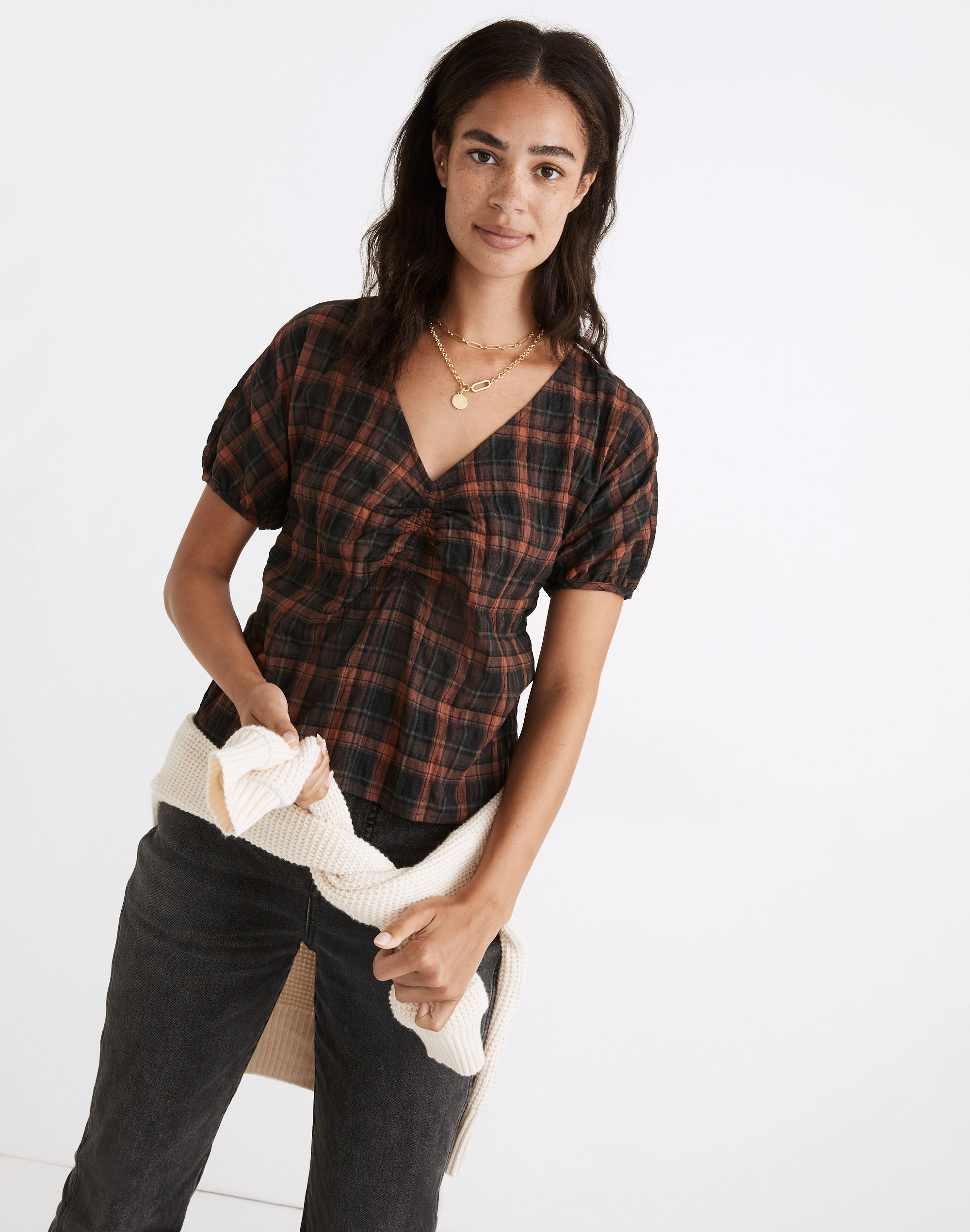 Gathered V-Neck Top Plaid | Madewell