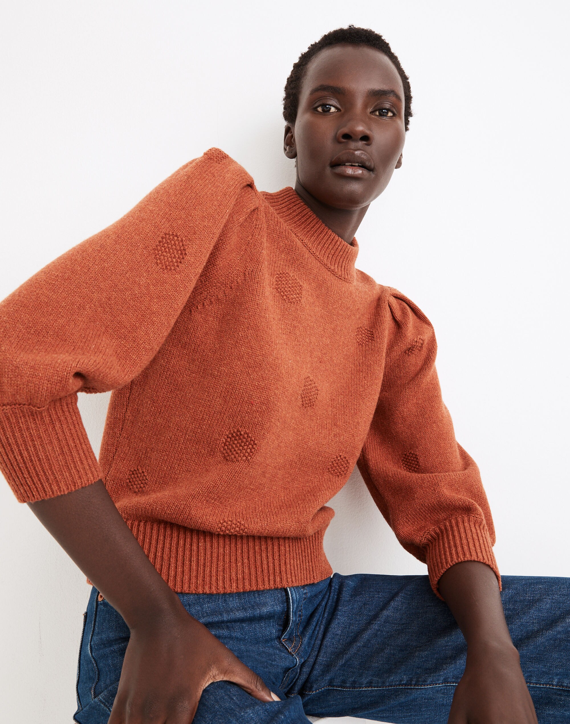 Dotted Eaton Puff-Sleeve Pullover Sweater Cotton-Merino Yarn | Madewell