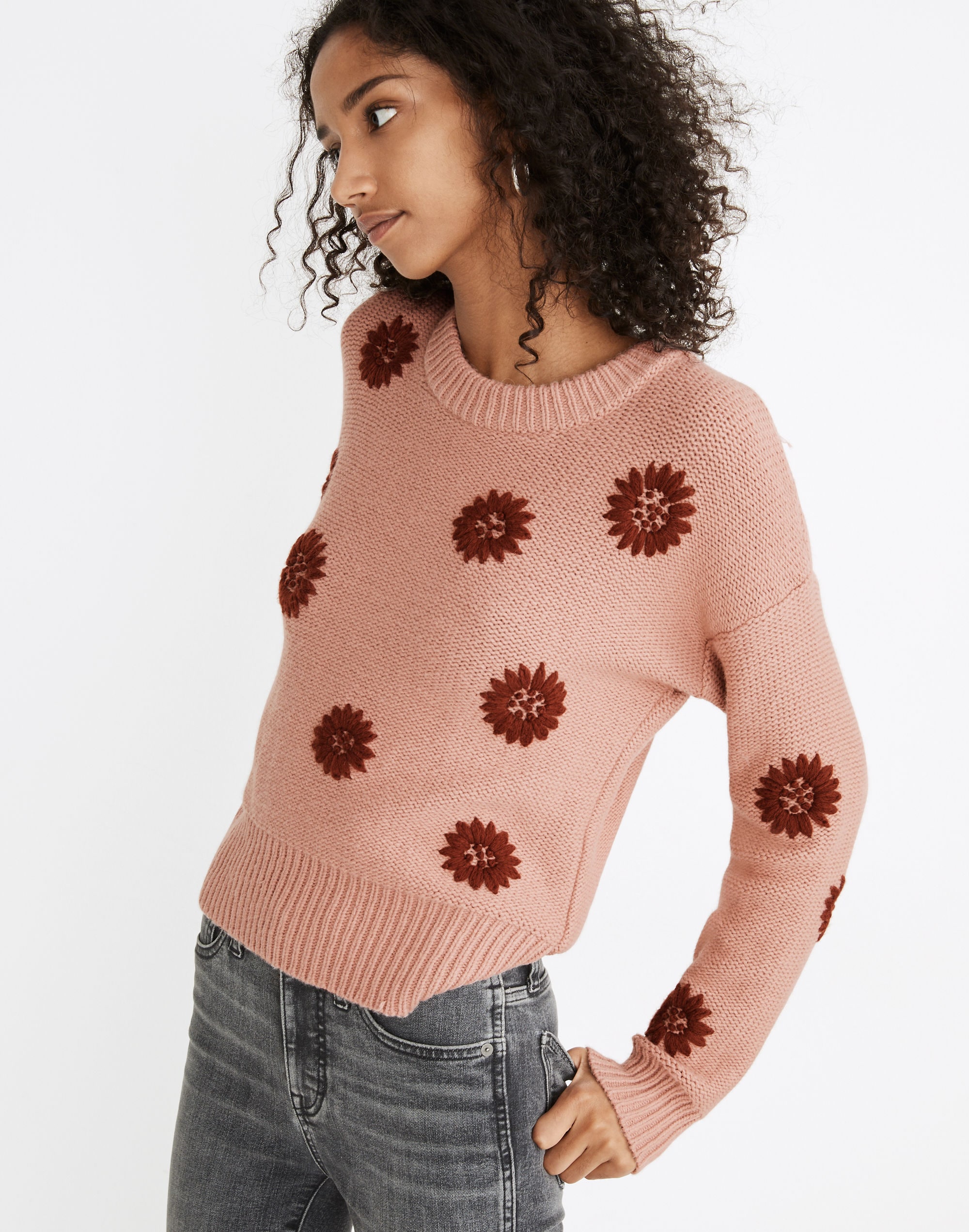 Flower embroidered 2024 pullover sweater madewel