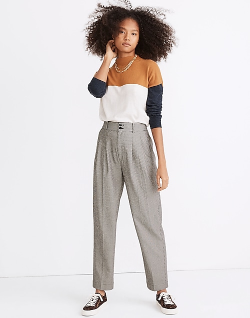 Pleated Taper Wide-Leg Pants in Mini Houndstooth