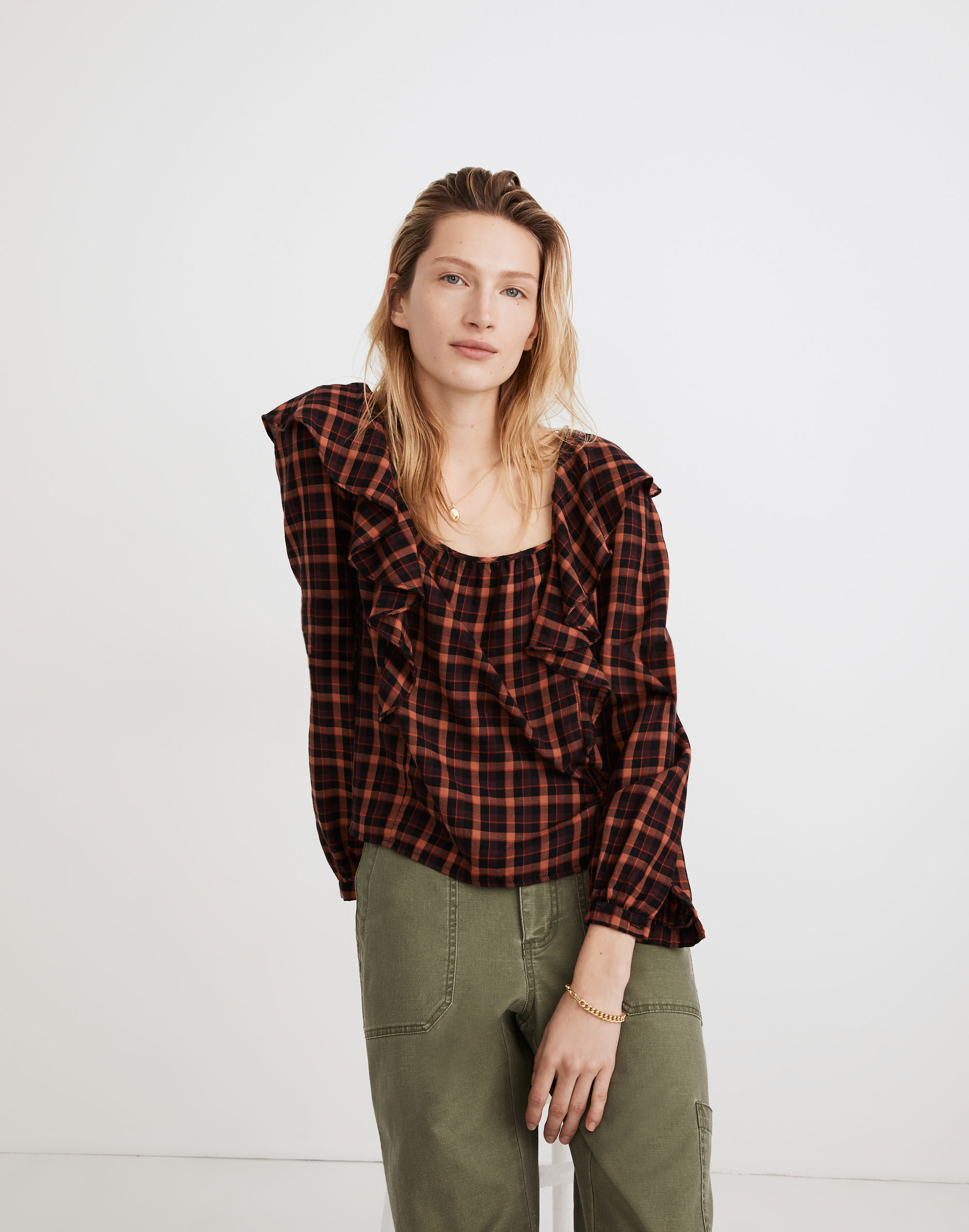 Plaid Ruffled Square-Neck Crop Top | Madewell