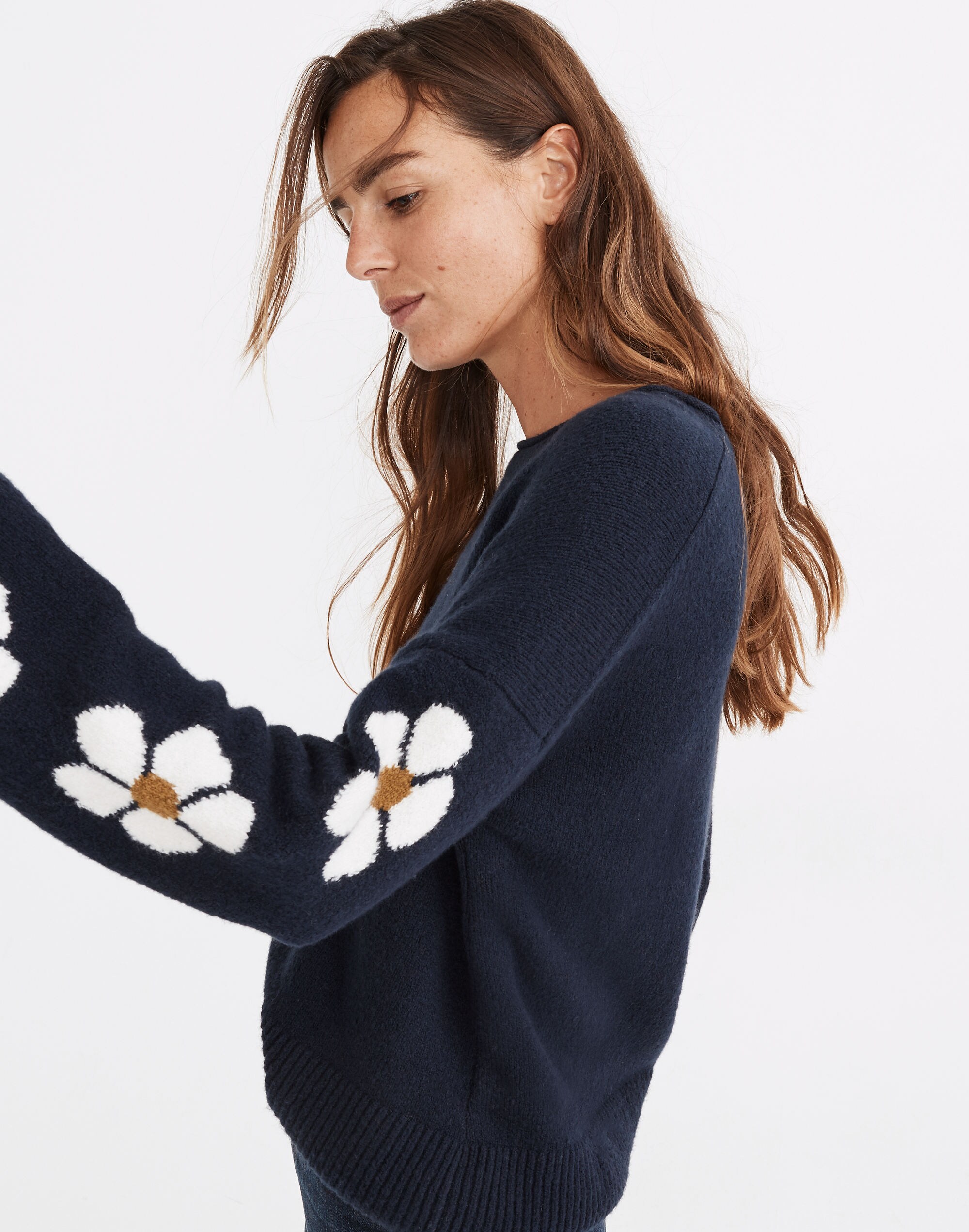 Belmore Floral-Sleeve Pullover Sweater in Coziest Textured Yarn