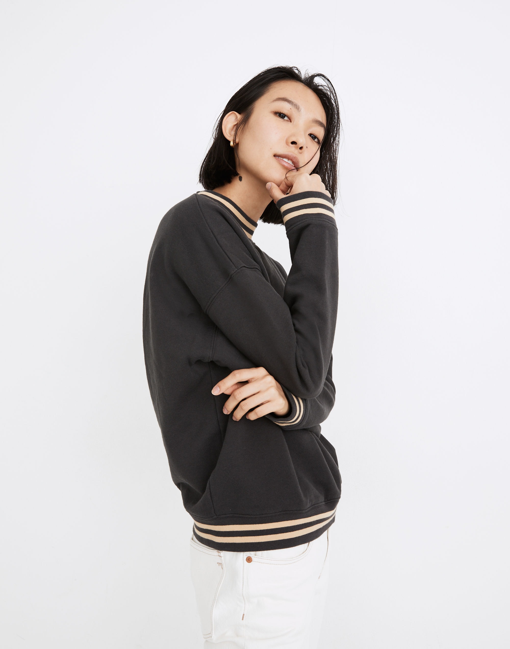 (Re)sourced Cotton Stripe-Trim Studio Mockneck Sweatshirt