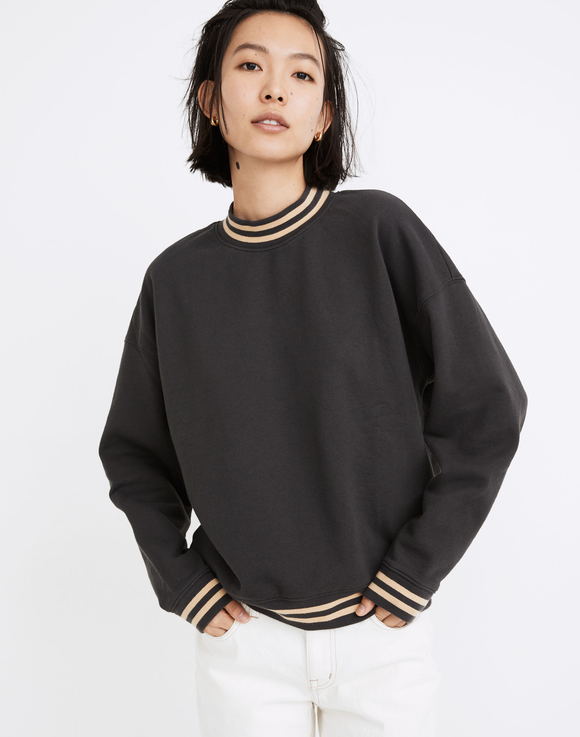 (Re)sourced Cotton Stripe-Trim Studio Mockneck Sweatshirt | Madewell