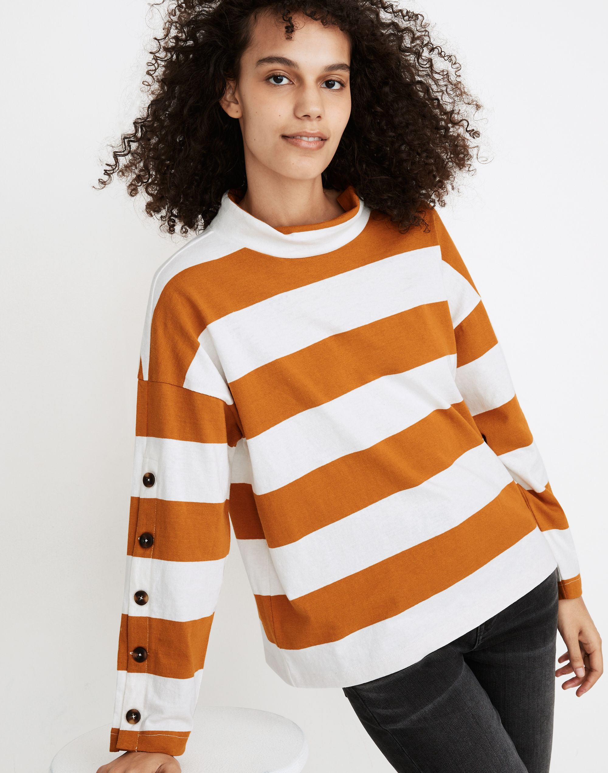 Striped Button-Sleeve Turtleneck Top | Madewell