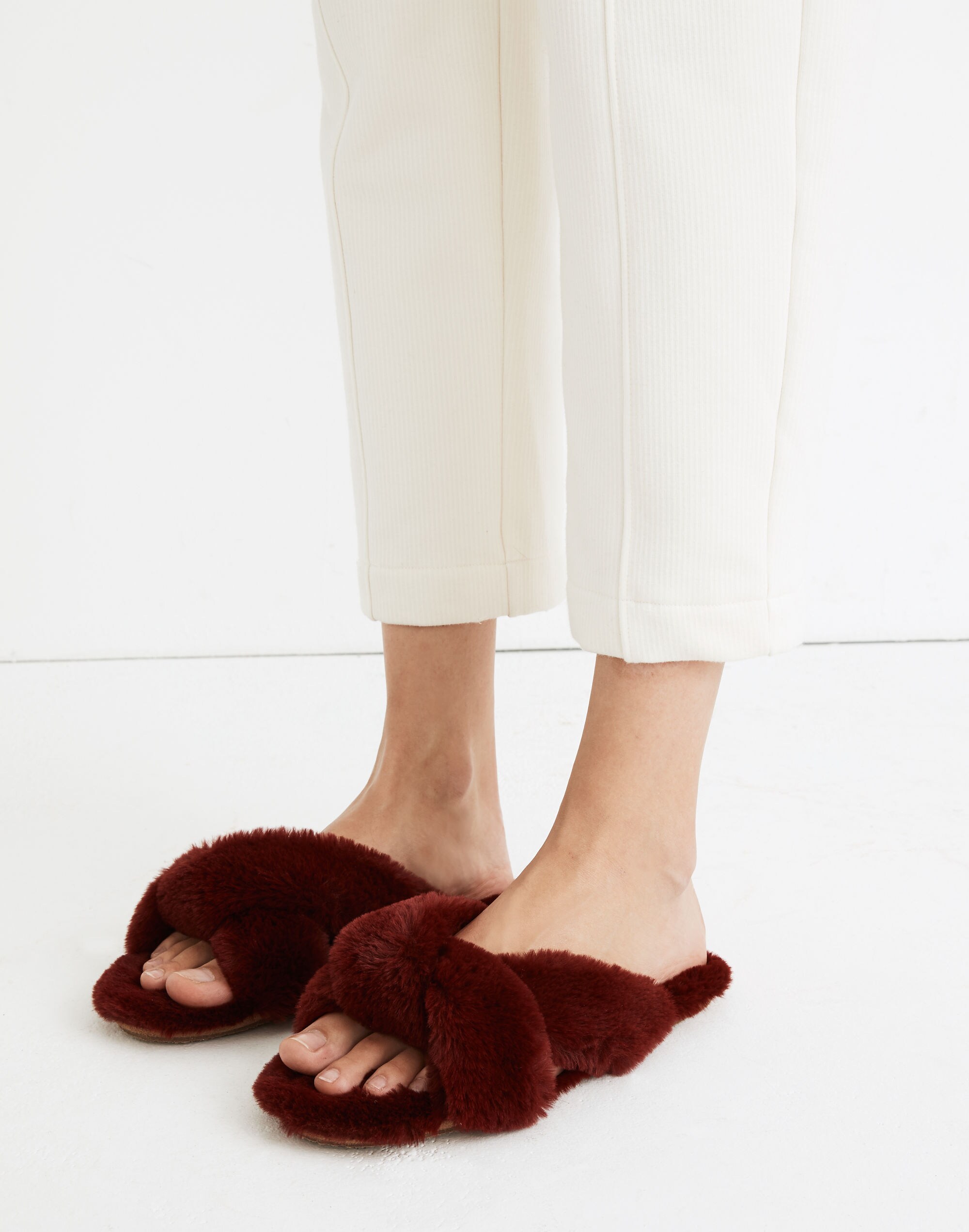 Crisscross Scuff Slippers in Recycled Faux Fur