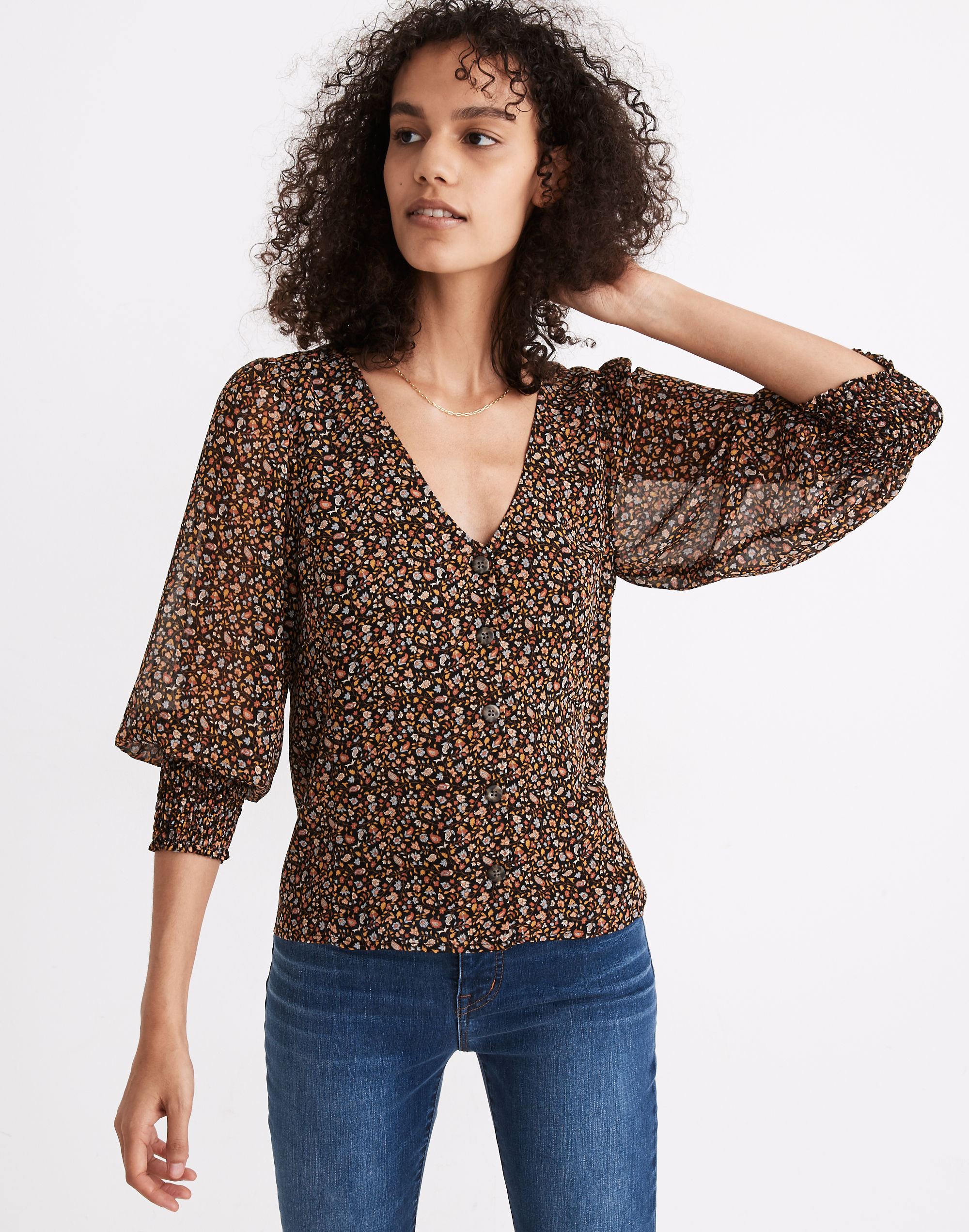 (Re)sourced Georgette Smocked-Cuff Button-Front Shirt in Folktale Paisley | Madewell