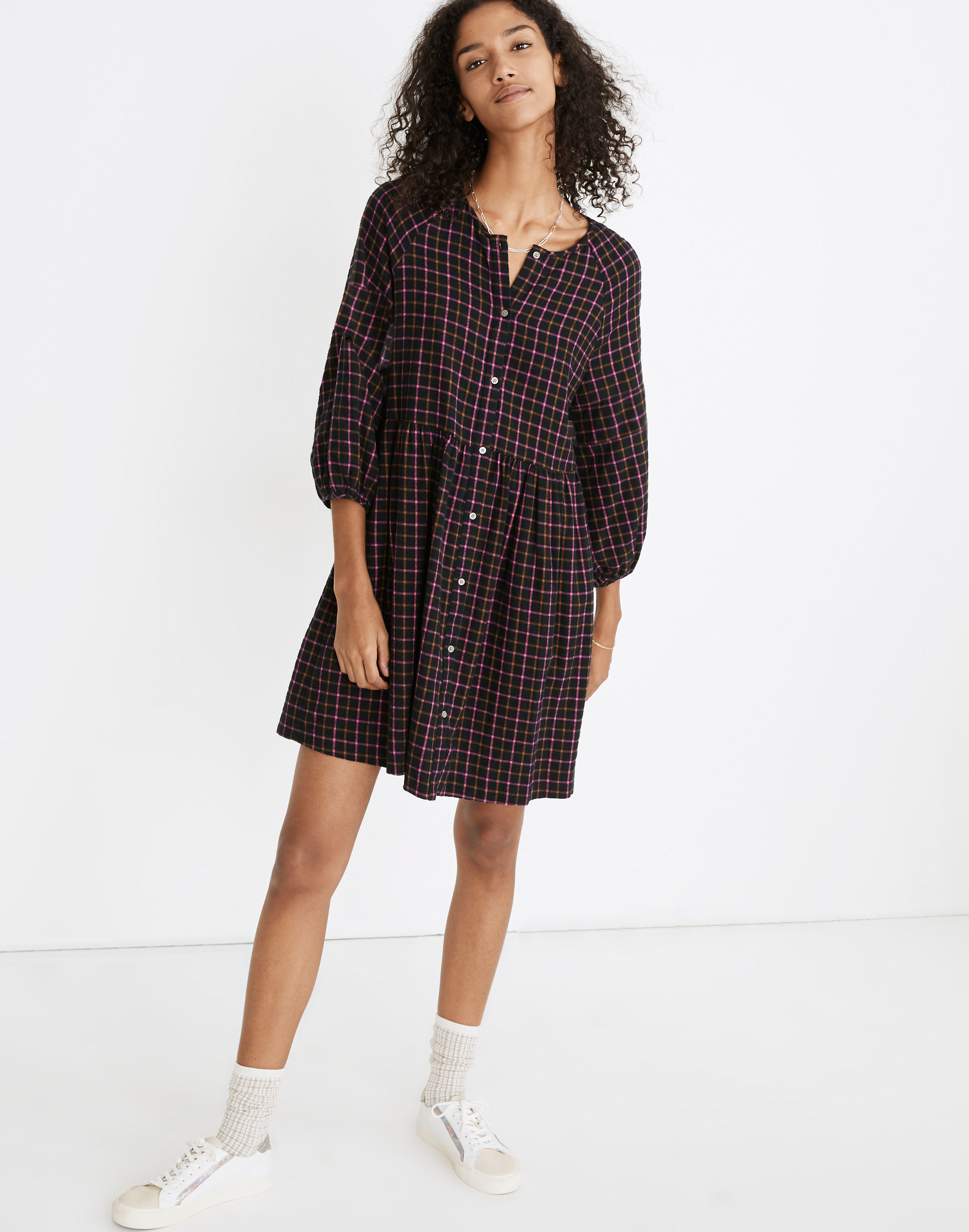 Plaid Flannel Raglan Button-Front Shirtdress