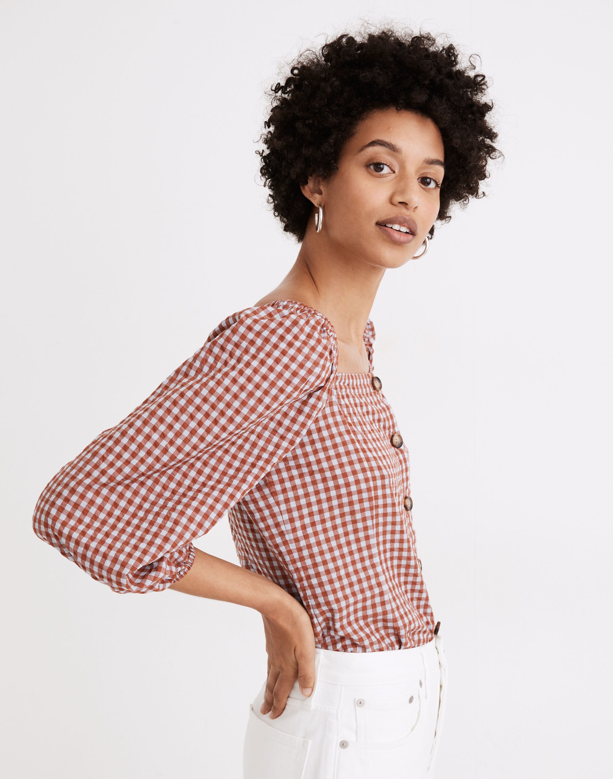 Gingham Seersucker Puff-Sleeve Button-Front Top