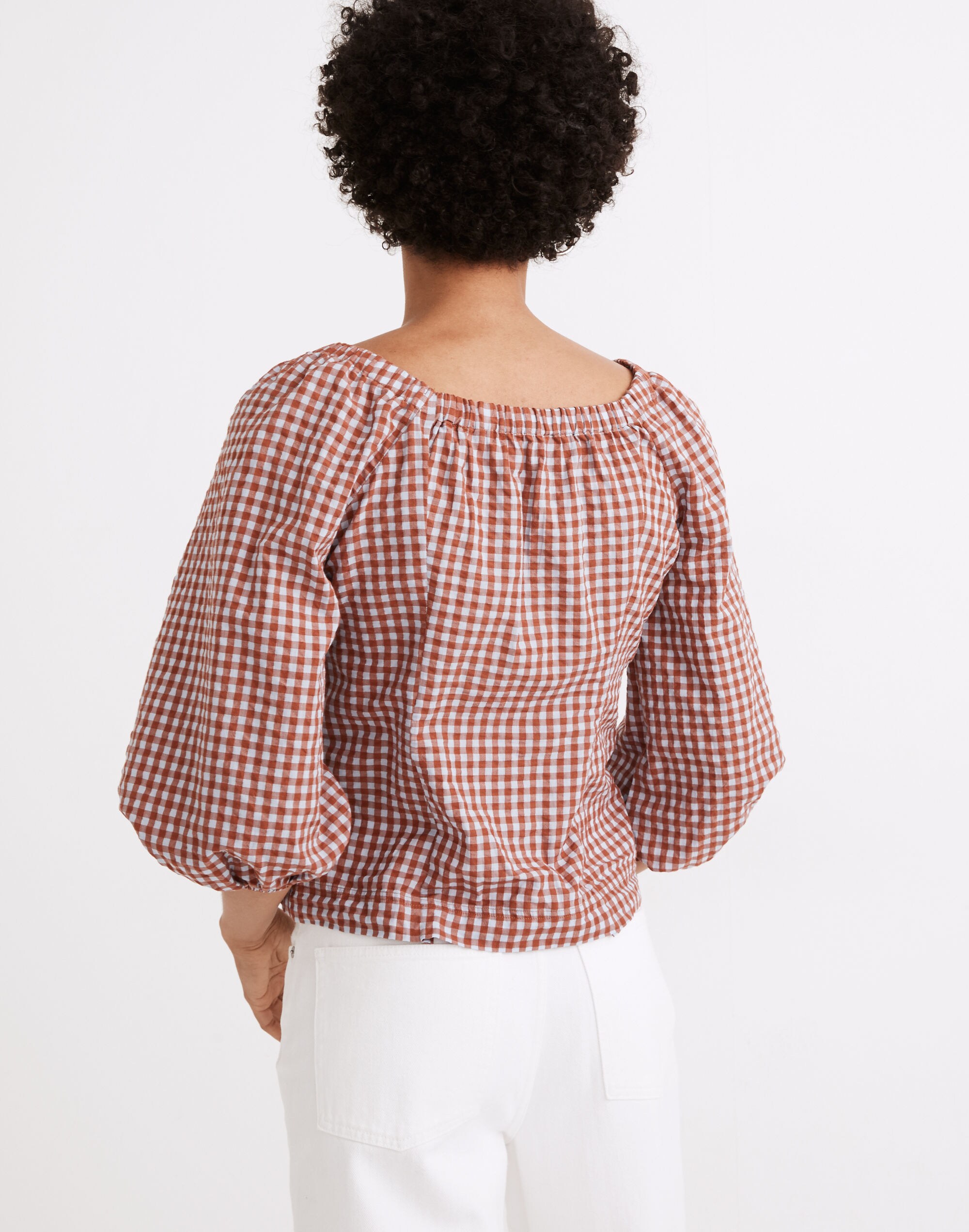 Gingham Seersucker Puff-Sleeve Button-Front Top