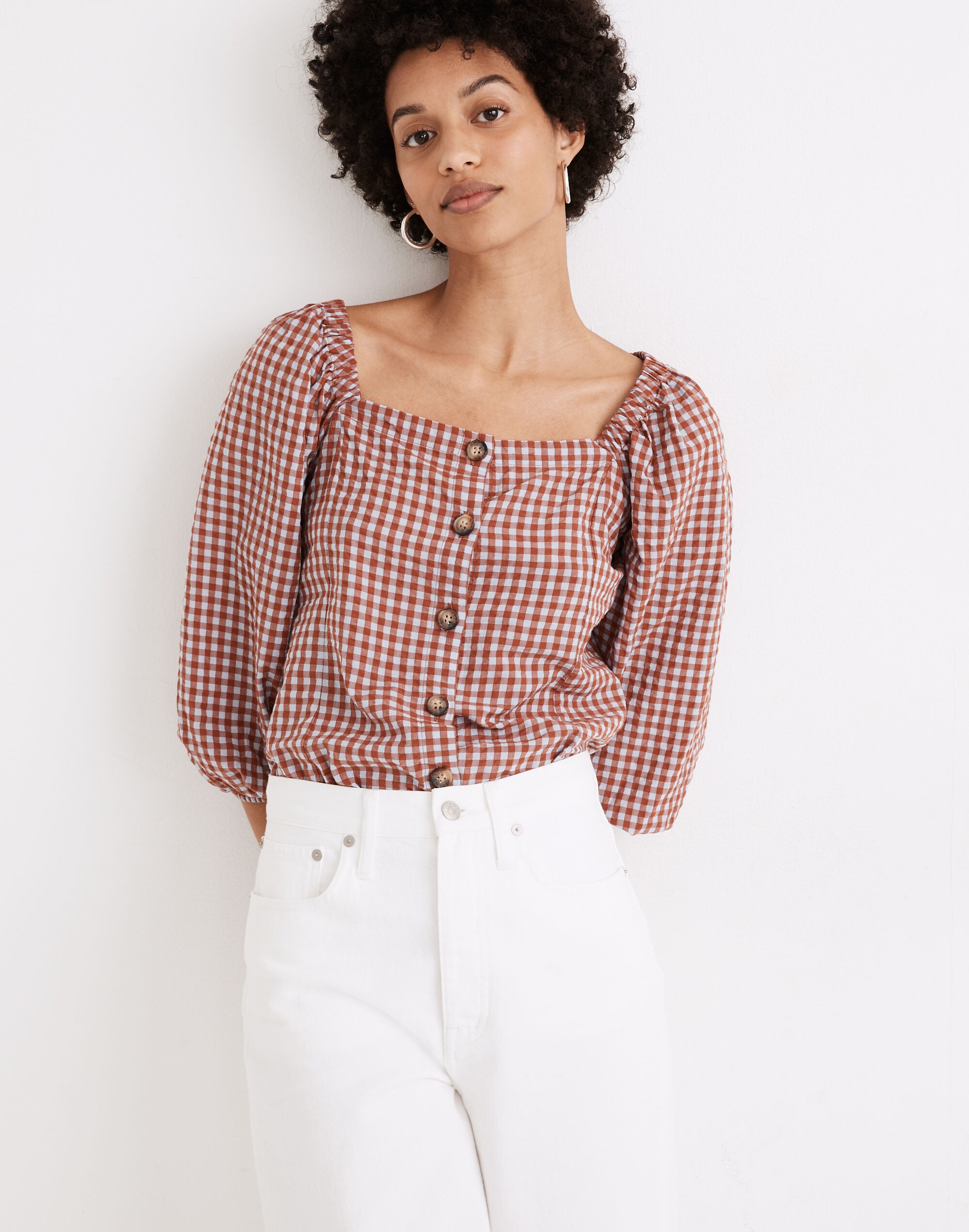 Gingham Seersucker Puff-Sleeve Button-Front Top