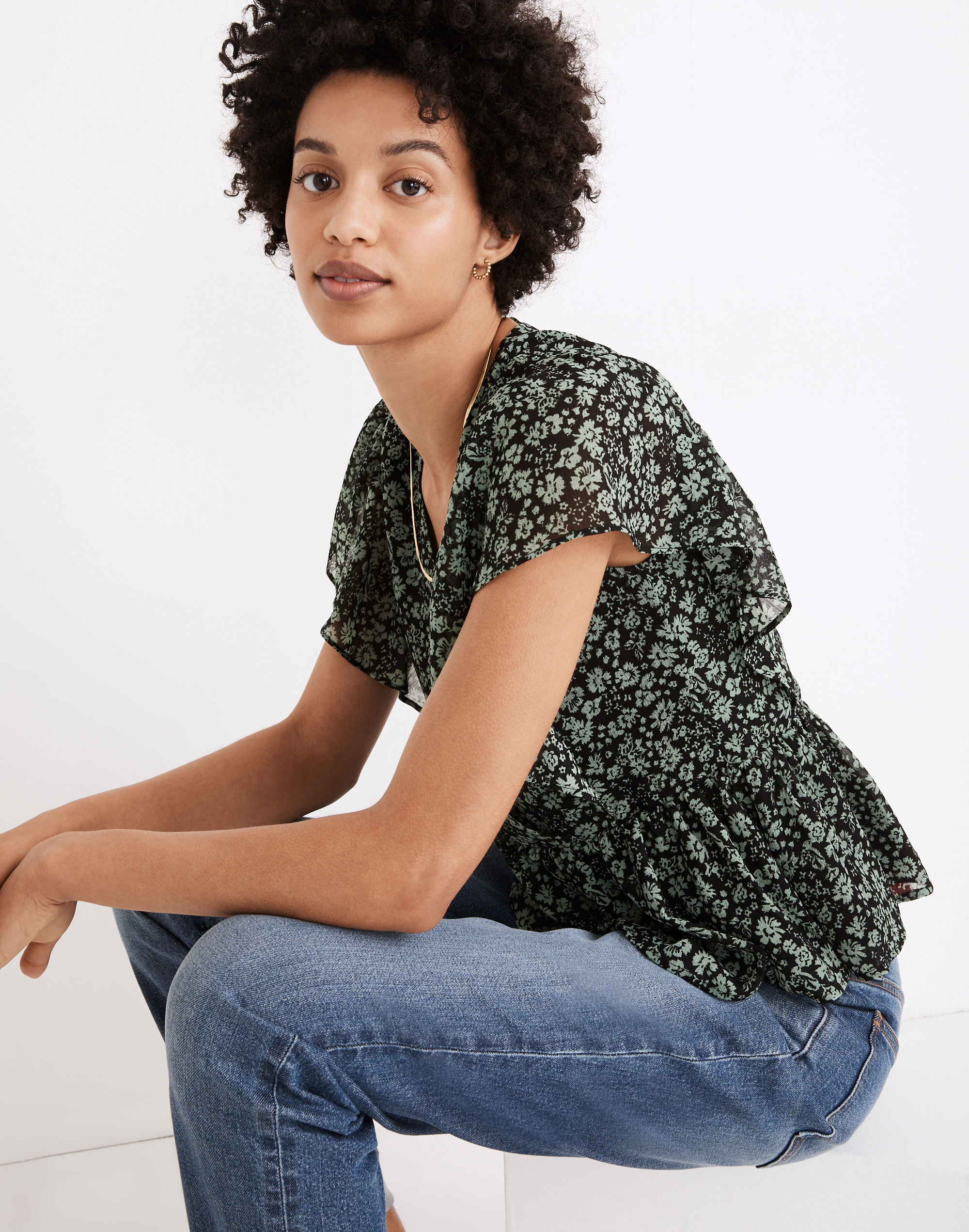 Georgette Ruffle-Sleeve Peplum Top Fleur Field | Madewell