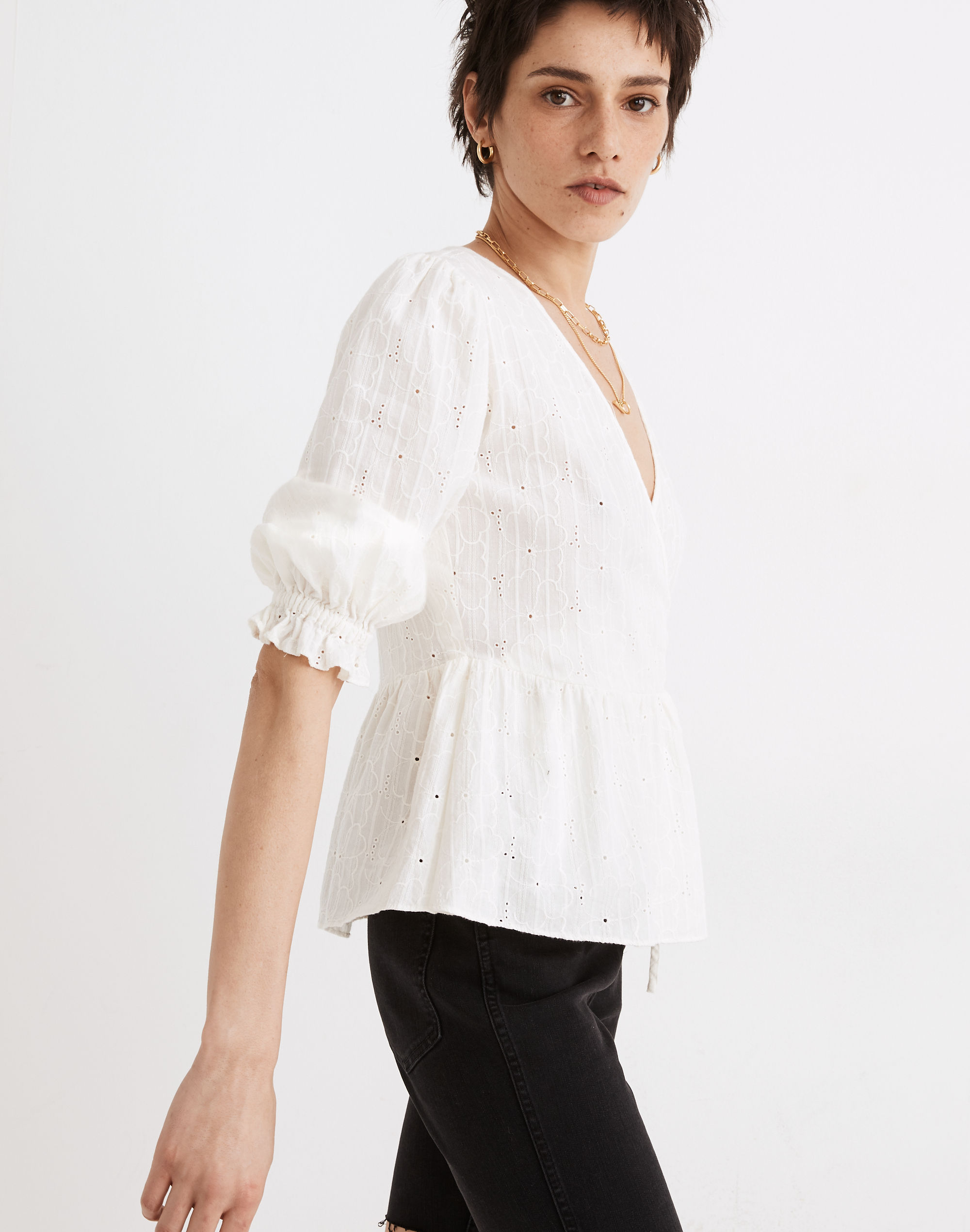 Embroidered Eyelet Puff-Sleeve Peplum Wrap Top | Madewell