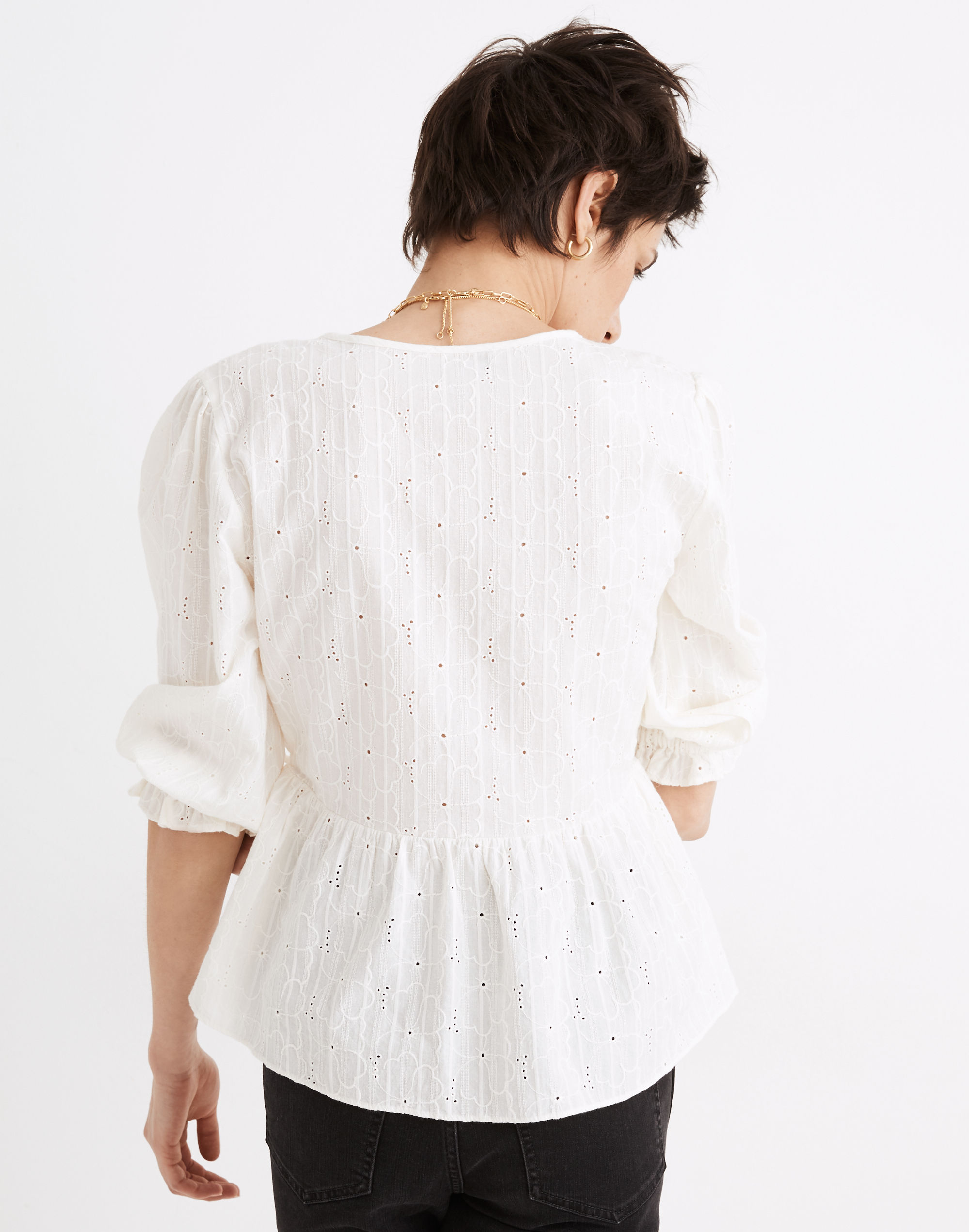 Embroidered Eyelet Puff-Sleeve Peplum Wrap Top | Madewell