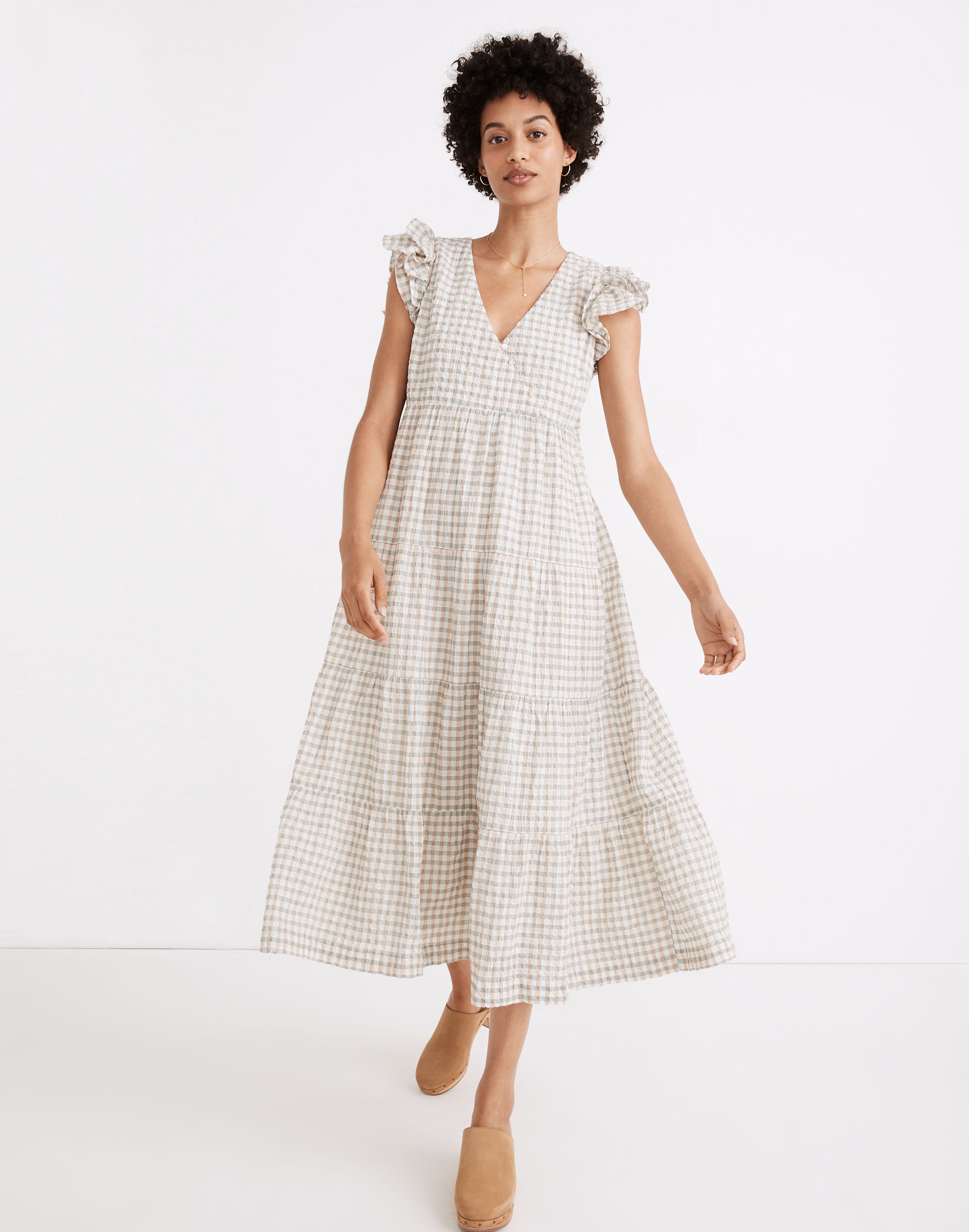 Gingham Seersucker Ruffle-Sleeve Tiered Midi Dress