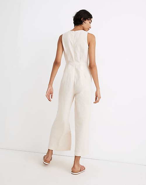 Linen-Blend Sleeveless Button-Front Jumpsuit