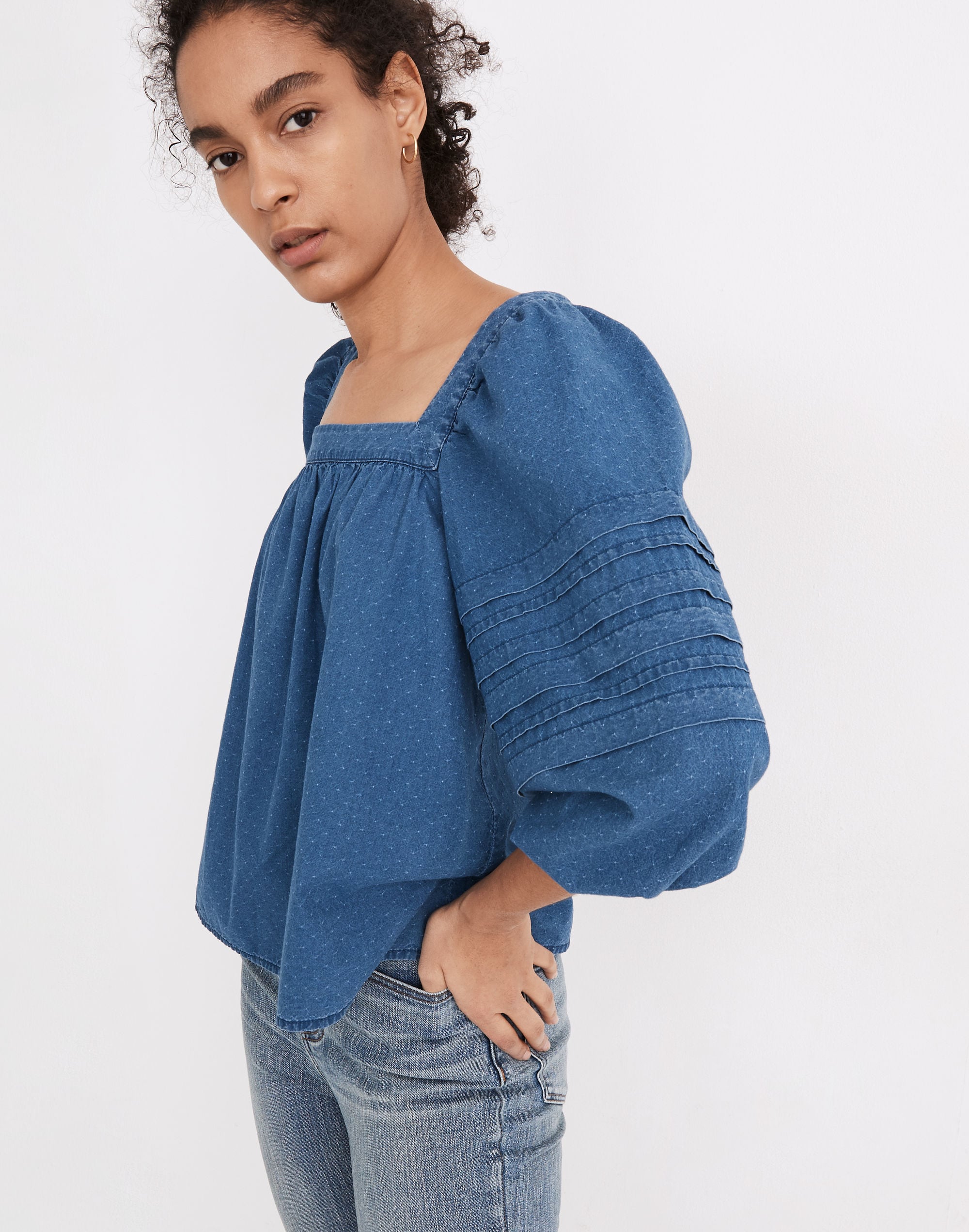 Denim Square-Neck Pleat-Sleeve Top | Madewell