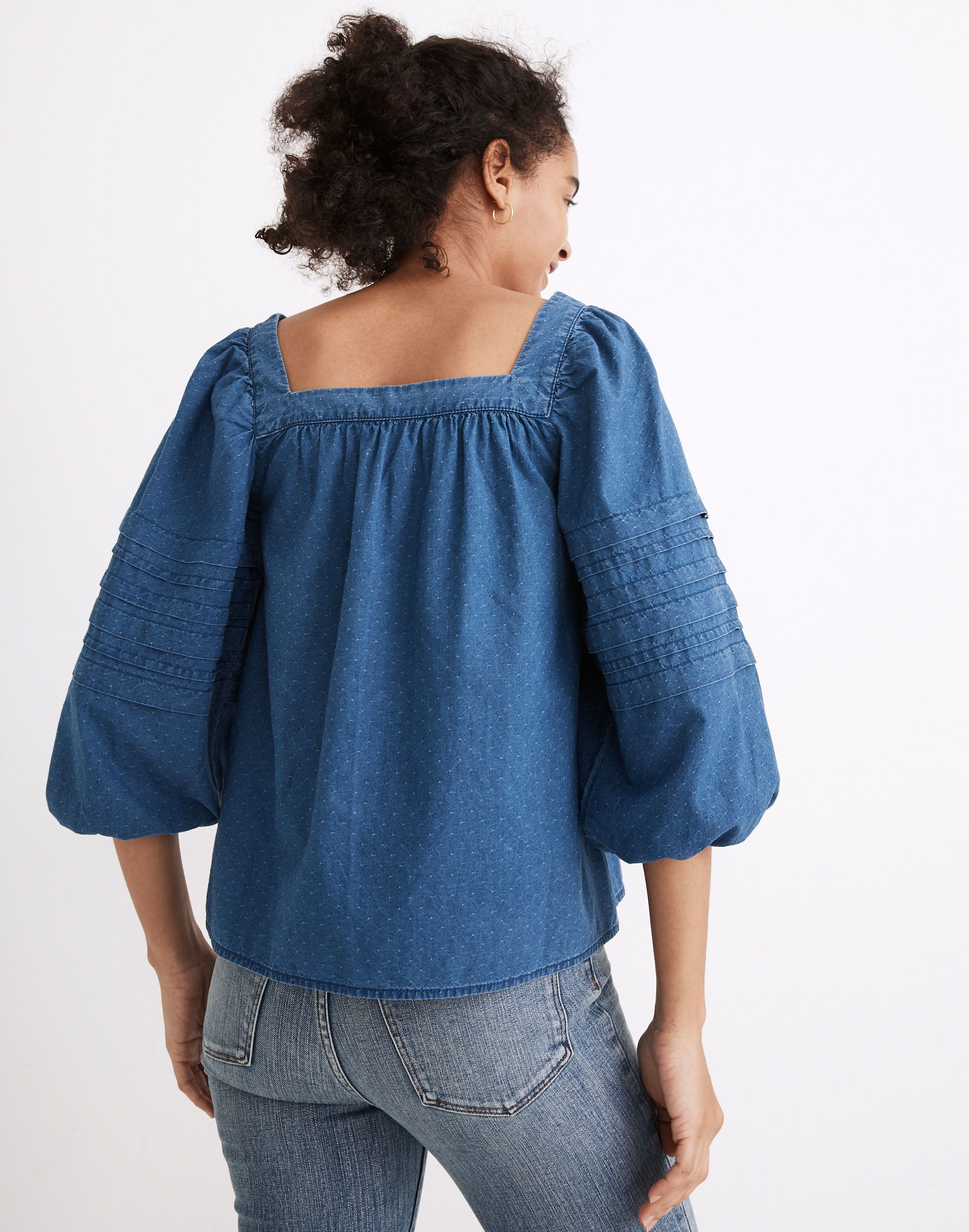 Denim Square-Neck Pleat-Sleeve Top | Madewell