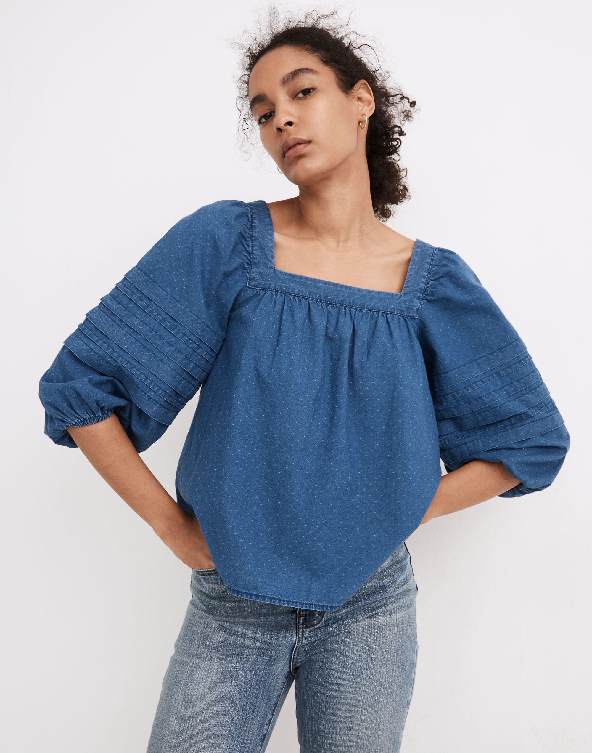 Denim Square-Neck Pleat-Sleeve Top | Madewell