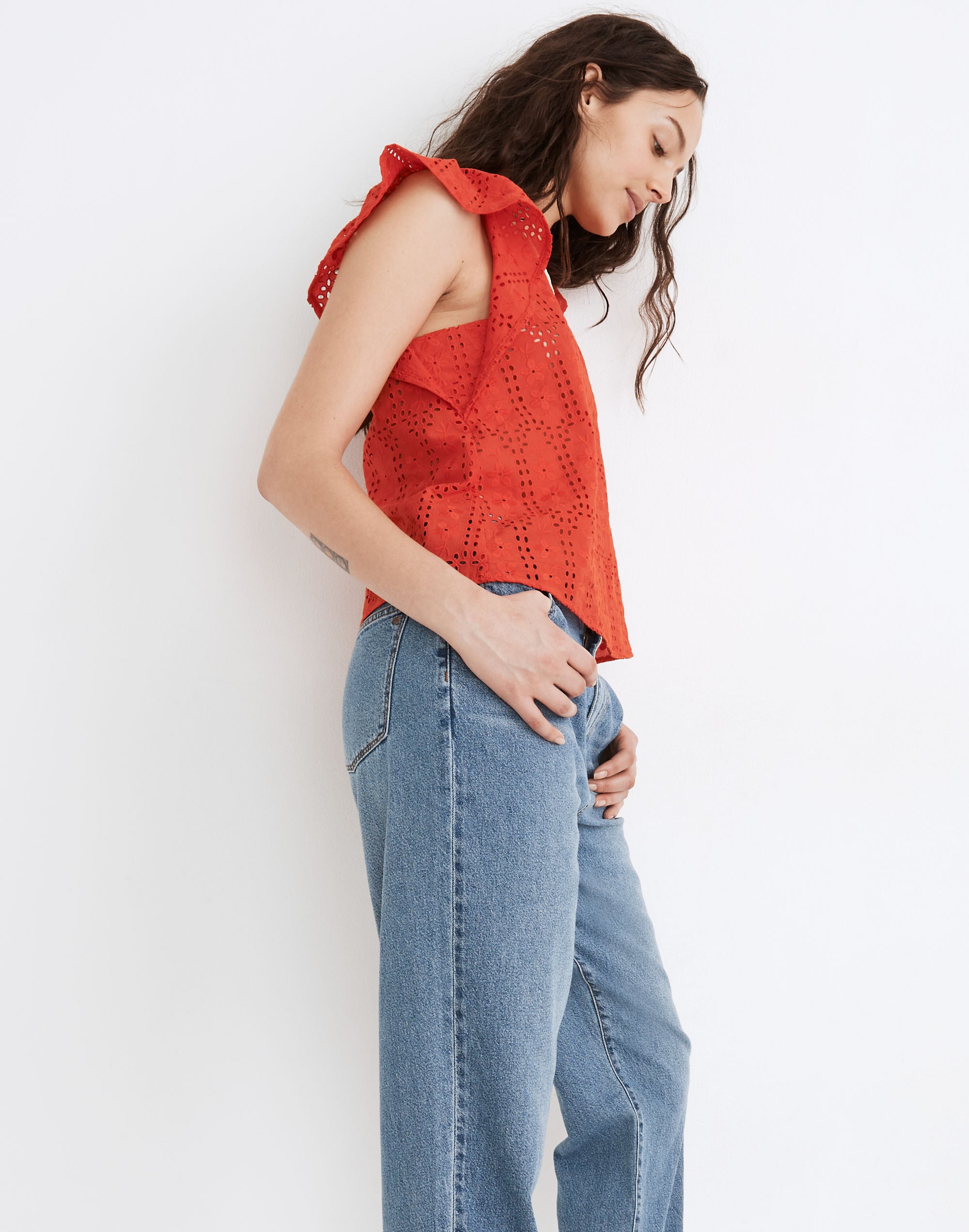 Eyelet Crewneck Flutter-Sleeve Top | Madewell