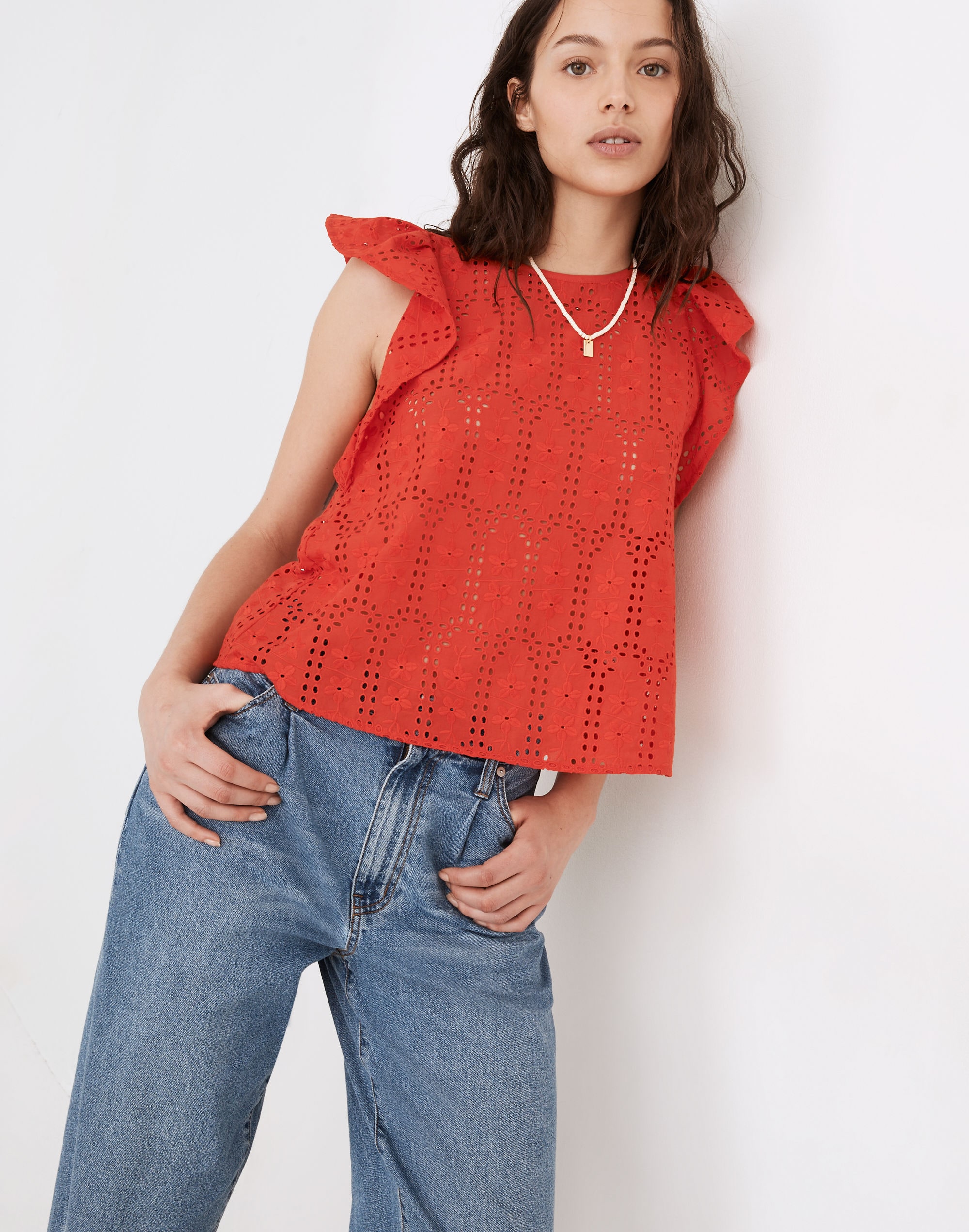 Eyelet Crewneck Flutter-Sleeve Top | Madewell