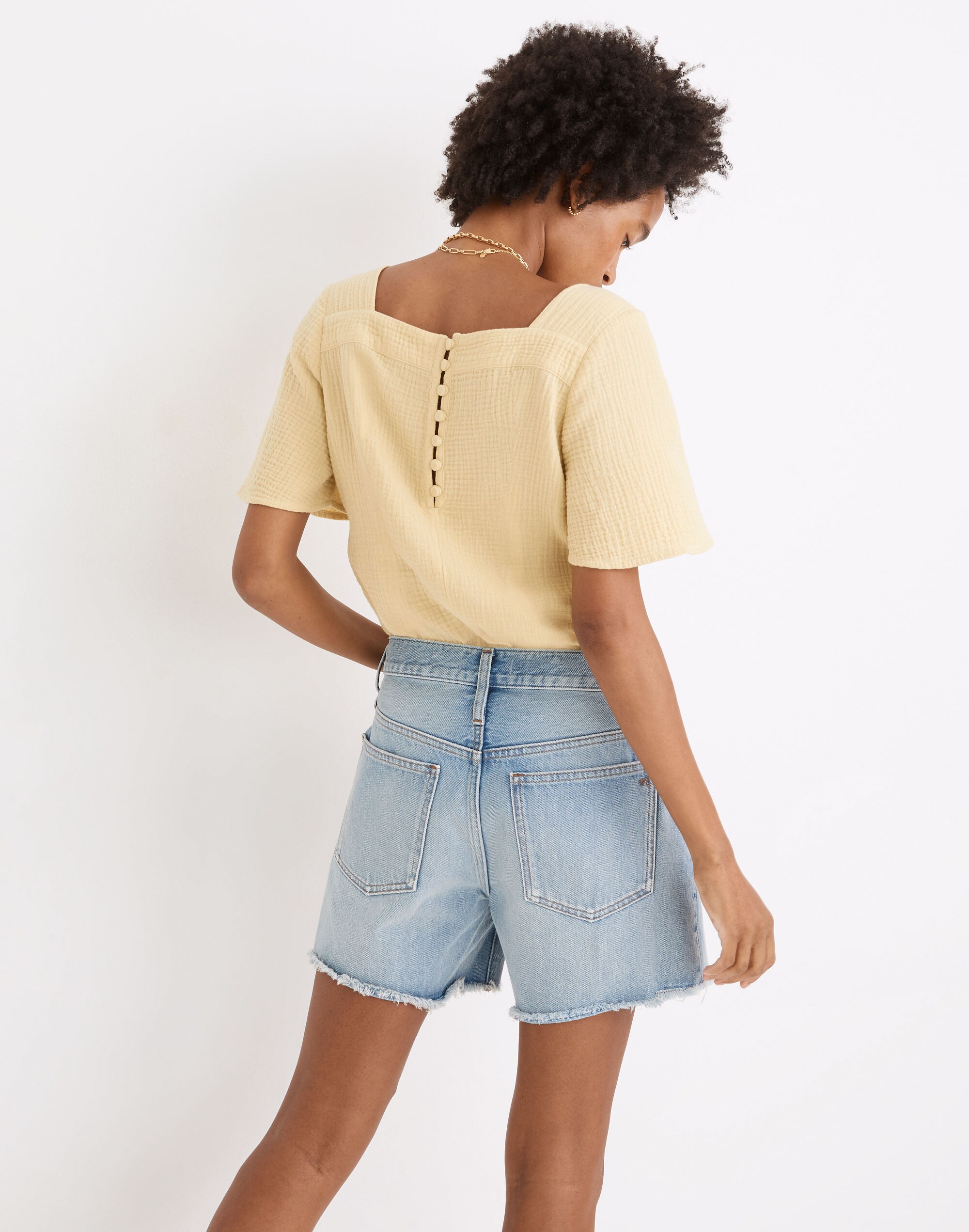 Relaxed Mid-Length Denim Shorts in Selton Wash: Ripped Edition