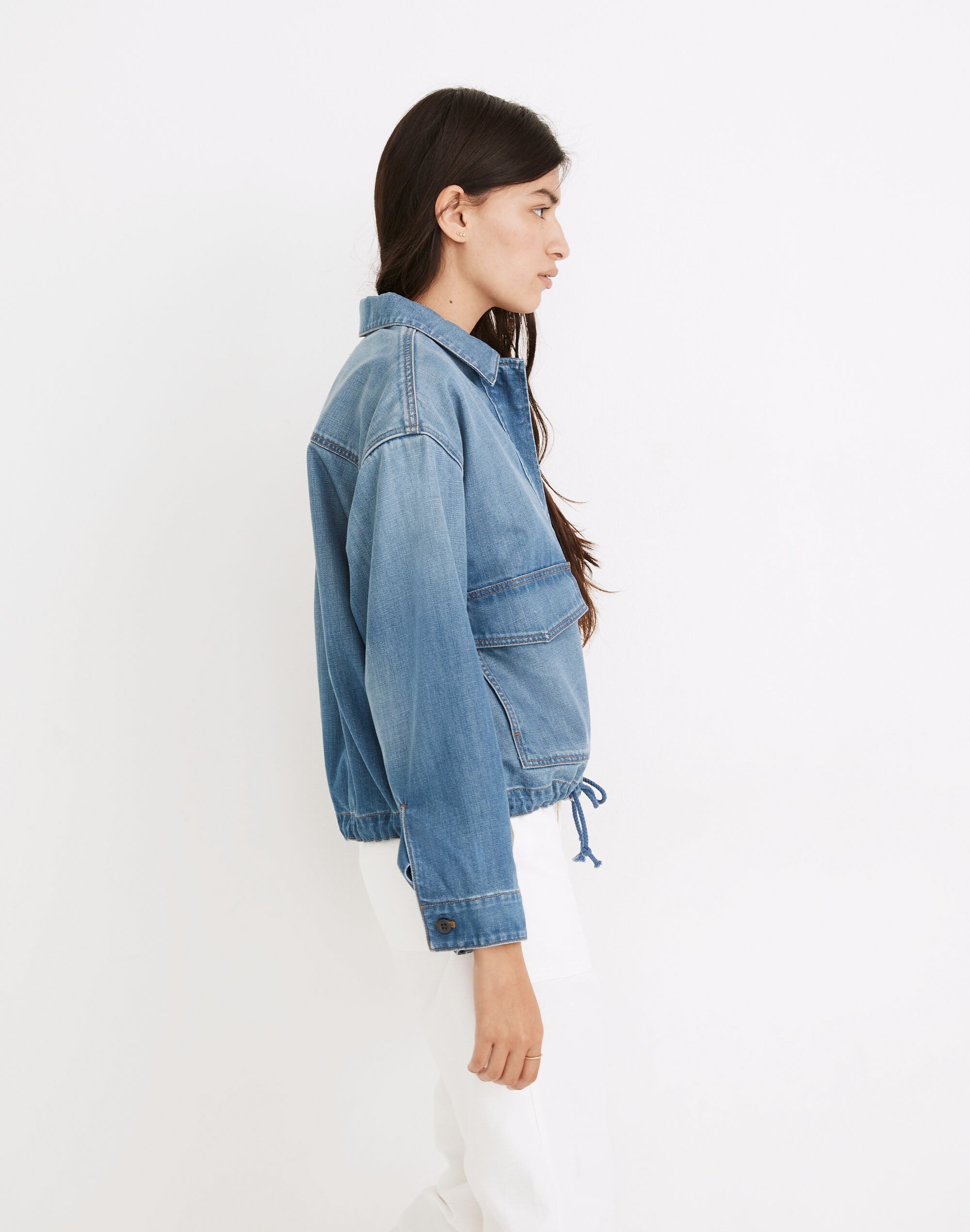 Denim Drawstring Military Shirt Jacket in Glenmar Wash