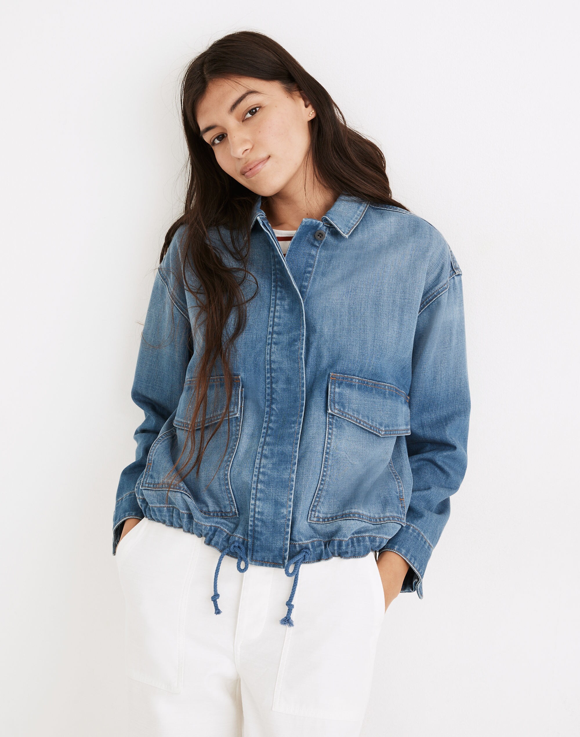 Denim Drawstring Military Shirt Jacket in Glenmar Wash