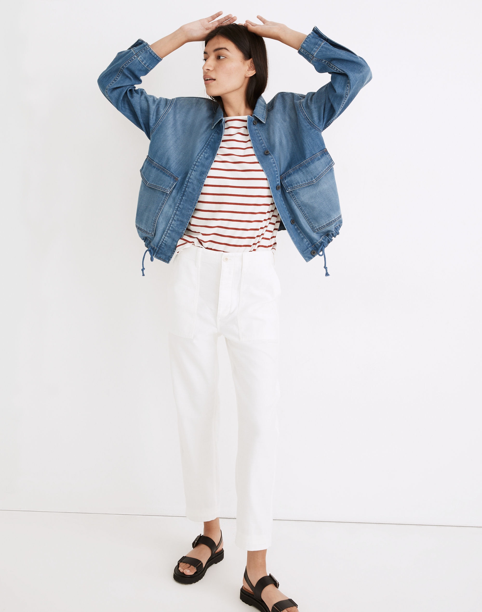 Denim Drawstring Military Shirt Jacket in Glenmar Wash