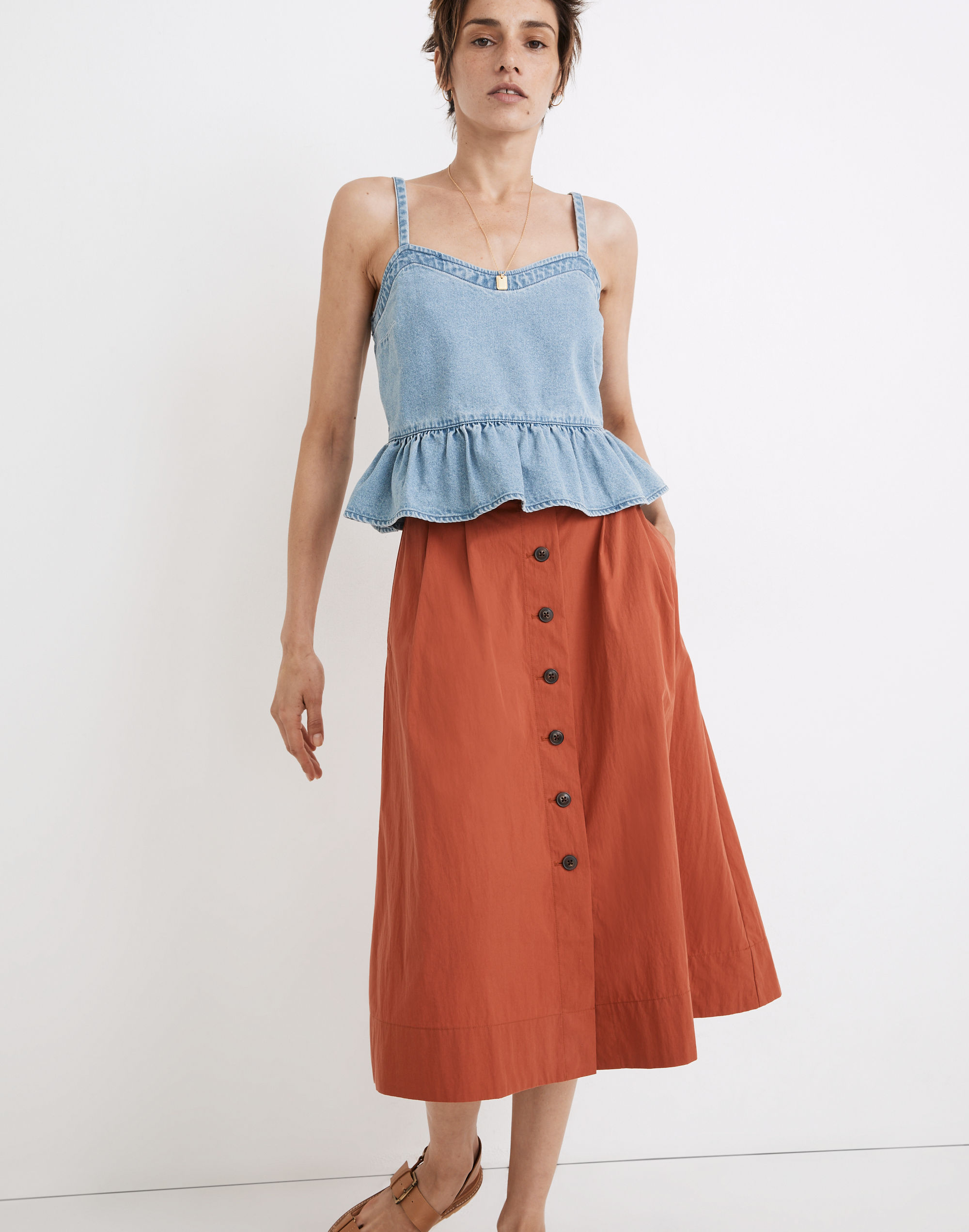 Pleated cotton-blend button skirt