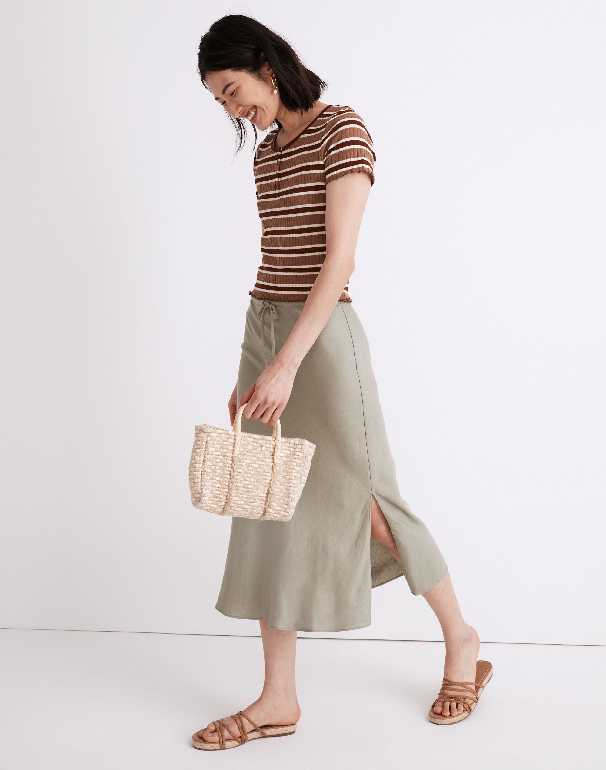 Linen-Blend Drawstring Midi Slip Skirt | Madewell