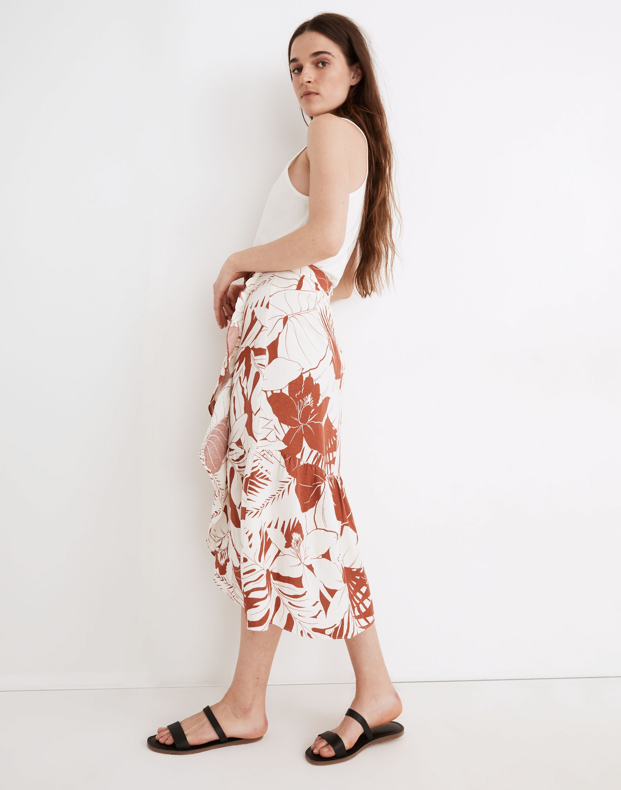 Linen-Blend Ruffle-Wrap Midi Skirt in Tropical Vacation | Madewell