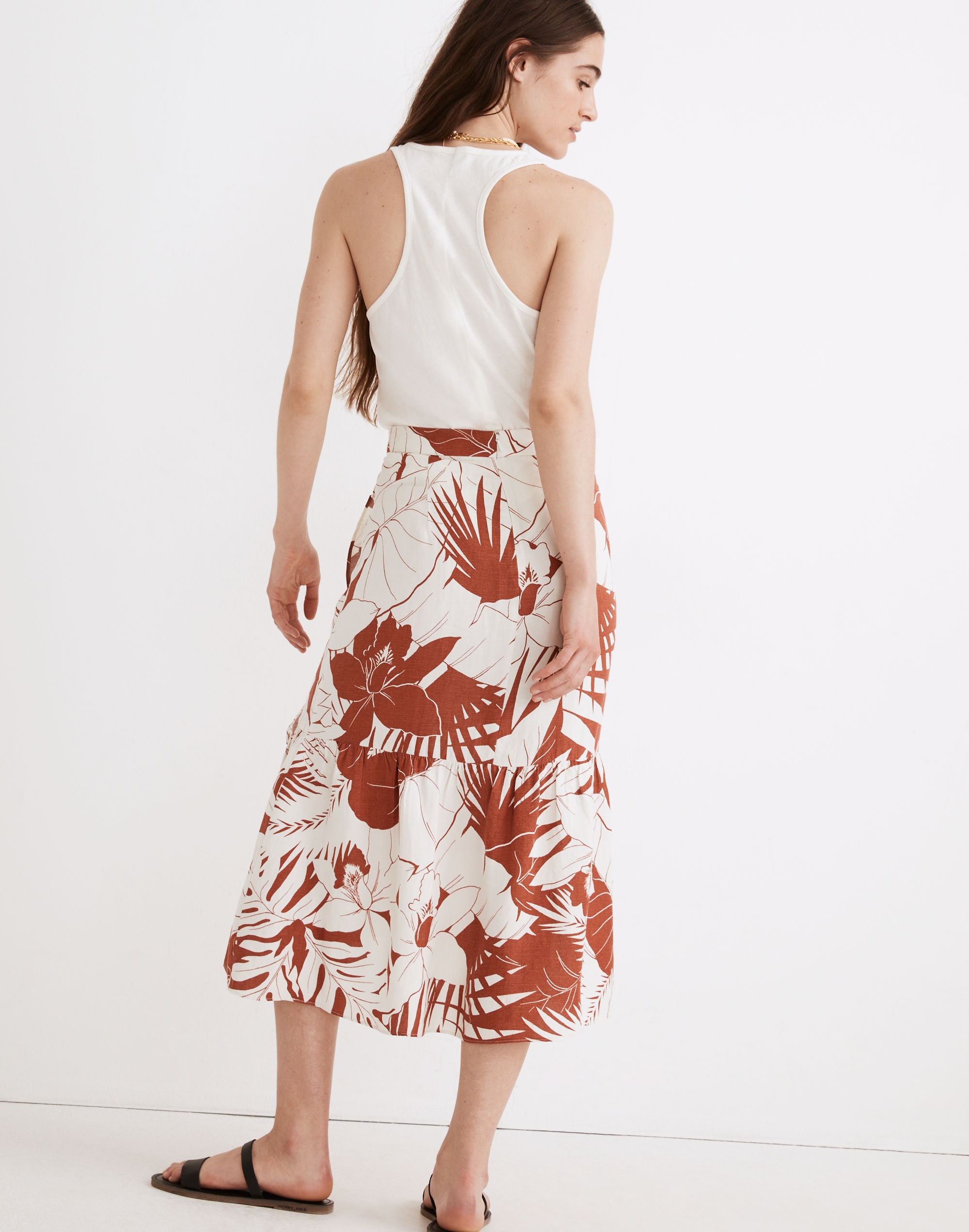 Linen-Blend Ruffle-Wrap Midi Skirt Tropical Vacation | Madewell