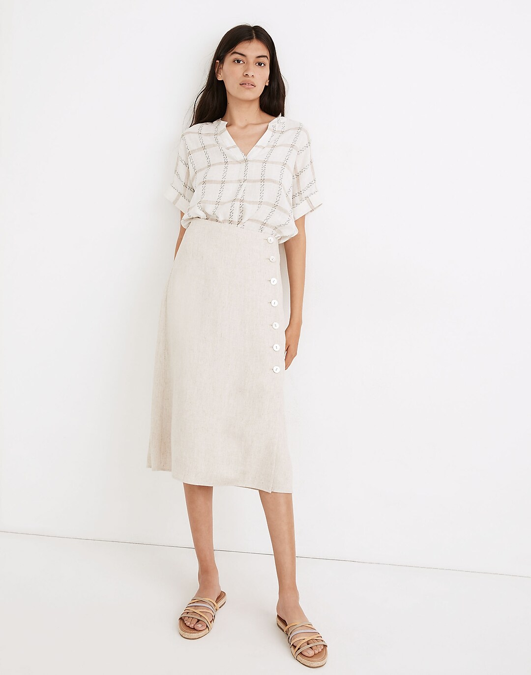 Beige Midi Skirt - High Waisted Linen Skirt - Side Button Skirt
