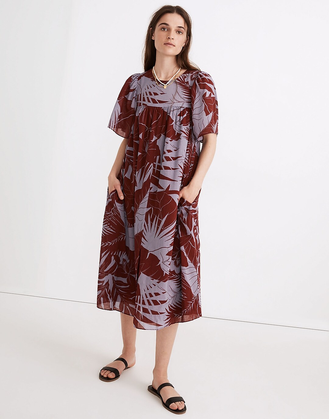 Flutter-Sleeve Caftan Dress in Tropical Vacation