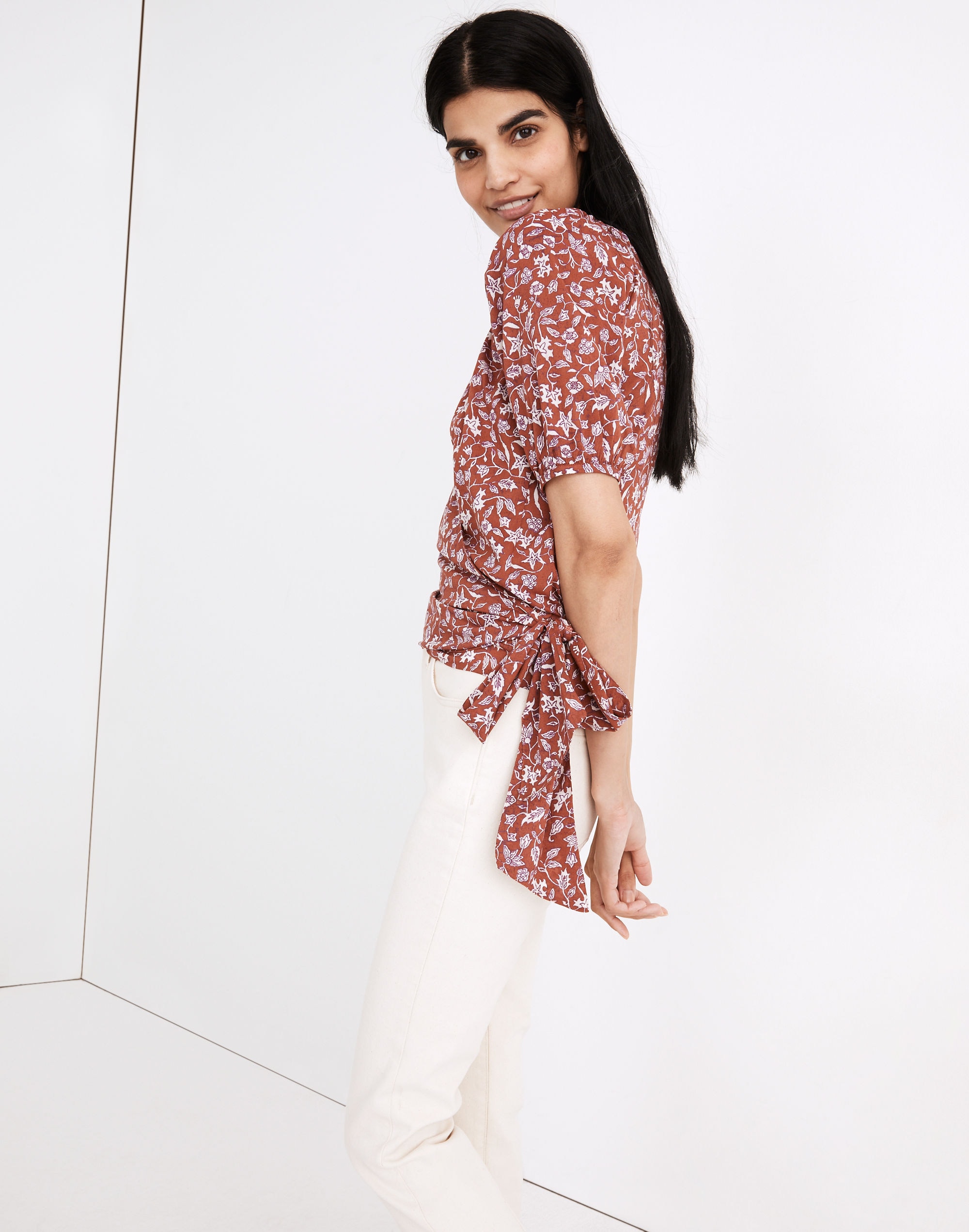 Puff-Sleeve Wrap Crop Top in Batik Vine | Madewell