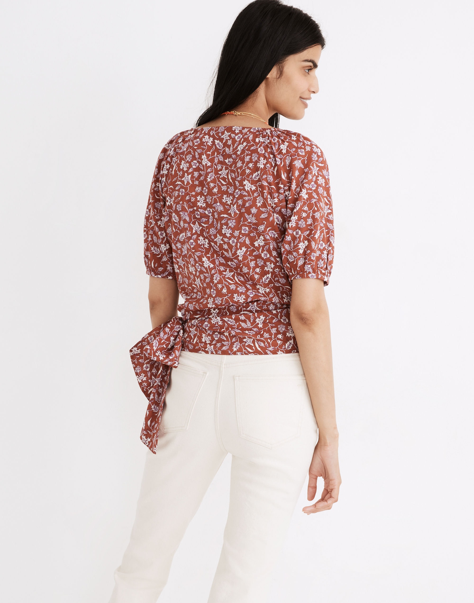 Puff-Sleeve Wrap Crop Top in Batik Vine | Madewell