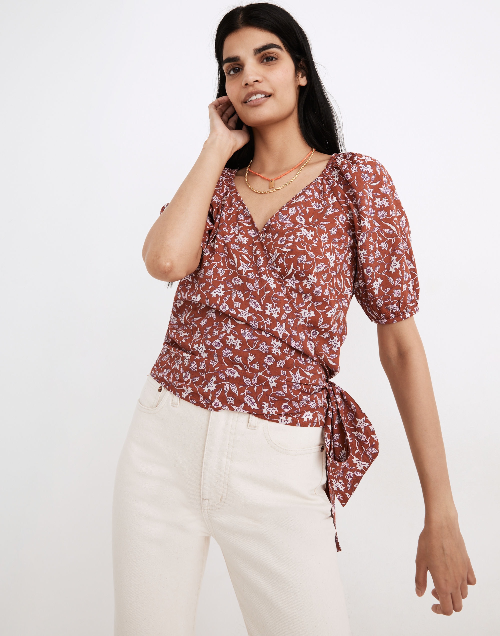 Puff-Sleeve Wrap Crop Top in Batik Vine | Madewell