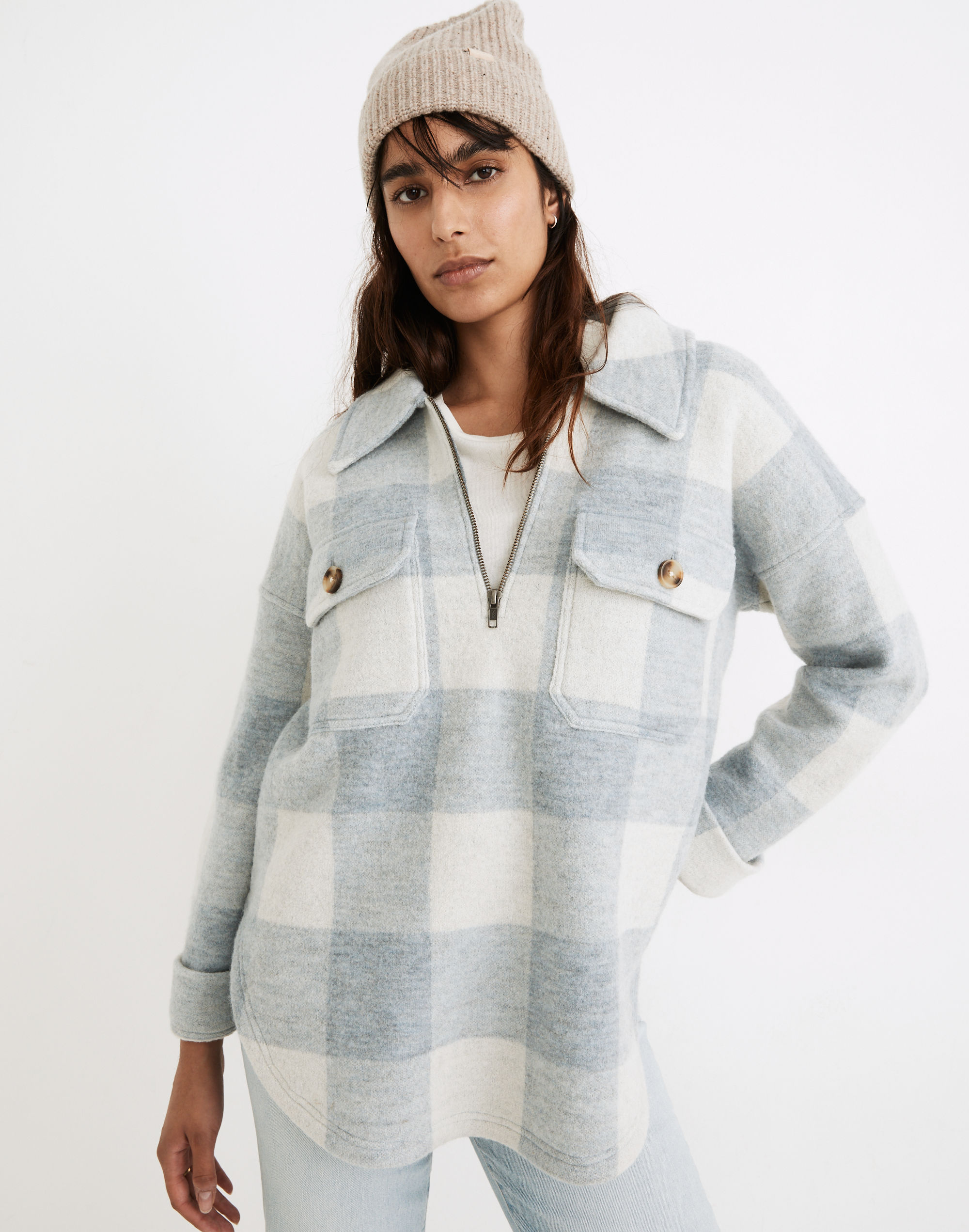 Boiled Wool Half-Zip Popover Sweater Buffalo Check | Madewell