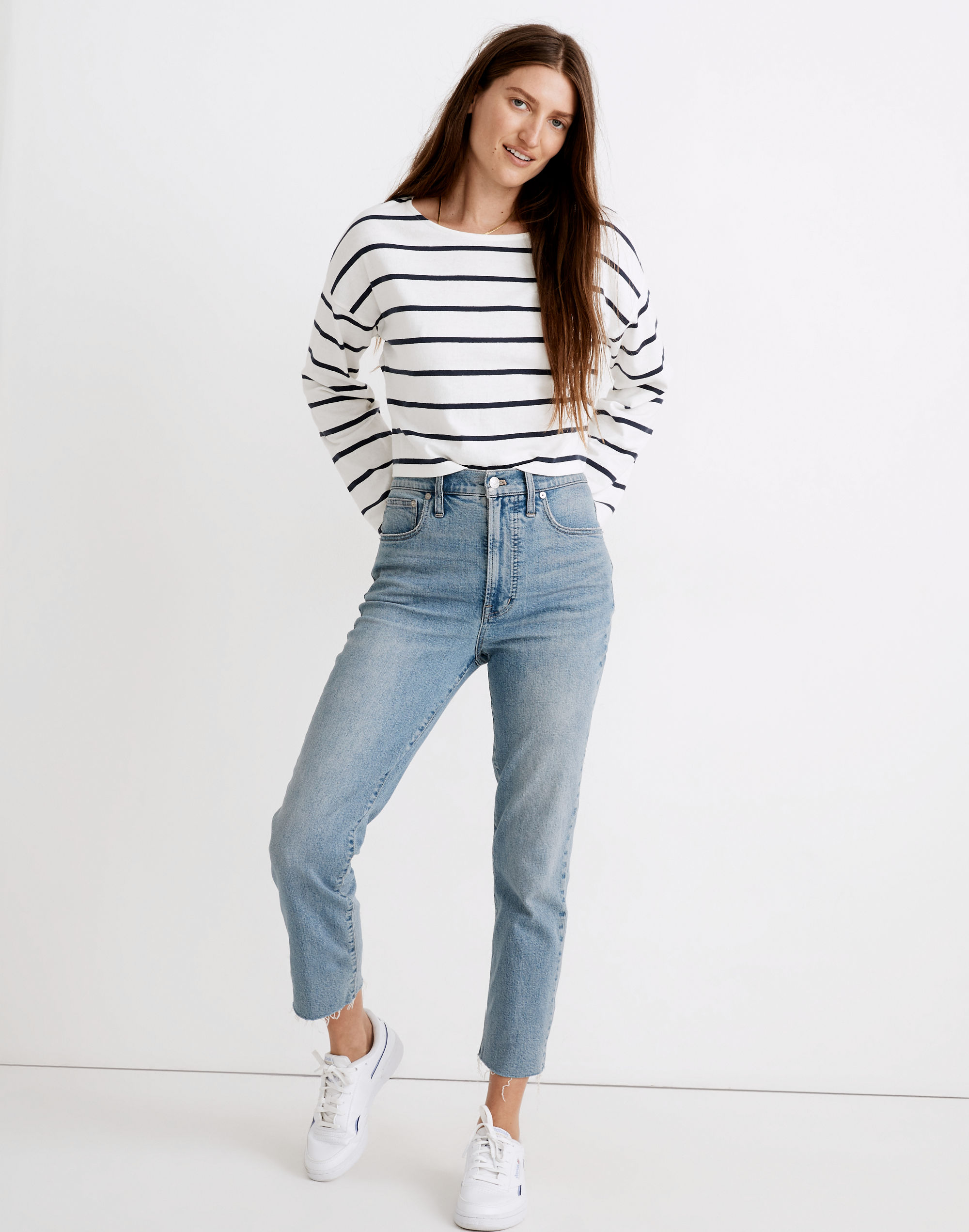 The Petite Perfect Vintage Straight Jean in Kingsbury Wash: Knee-Rip Edition